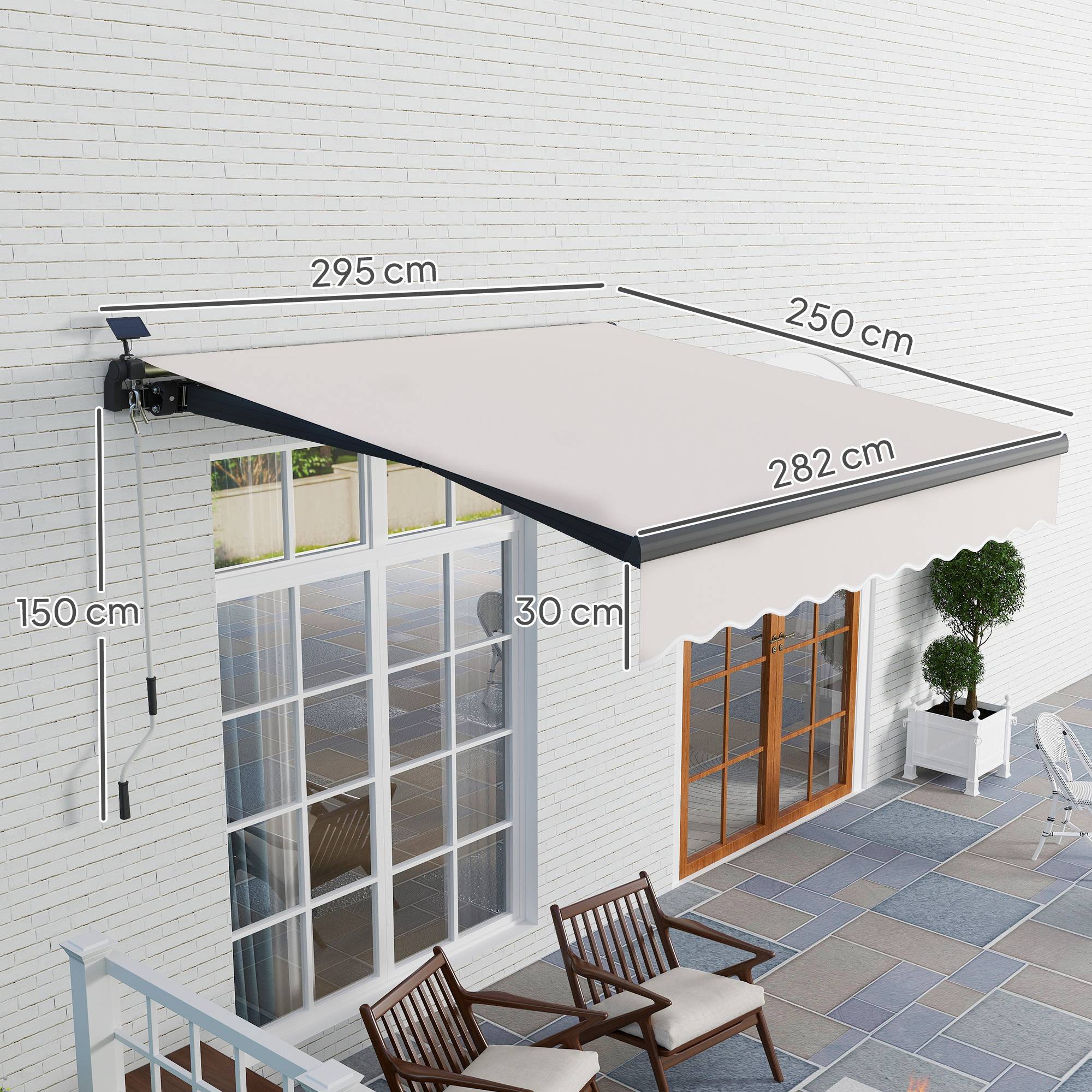 Store banne rétractable manuel avec éclairage solaire LED, inclinaison réglable de 45 à 90° et protection UPF 50+, extérieur 3 x 2,5 m, crème - Image 5