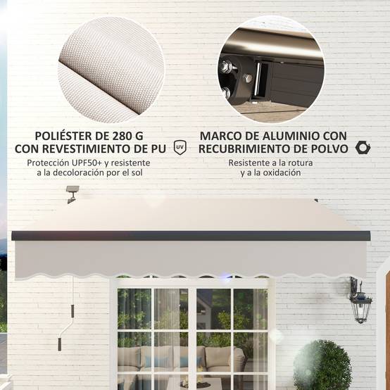 Store banne rétractable manuel avec éclairage solaire LED, inclinaison réglable de 45 à 90° et protection UPF 50+, extérieur 3 x 2,5 m, crème - Image 7