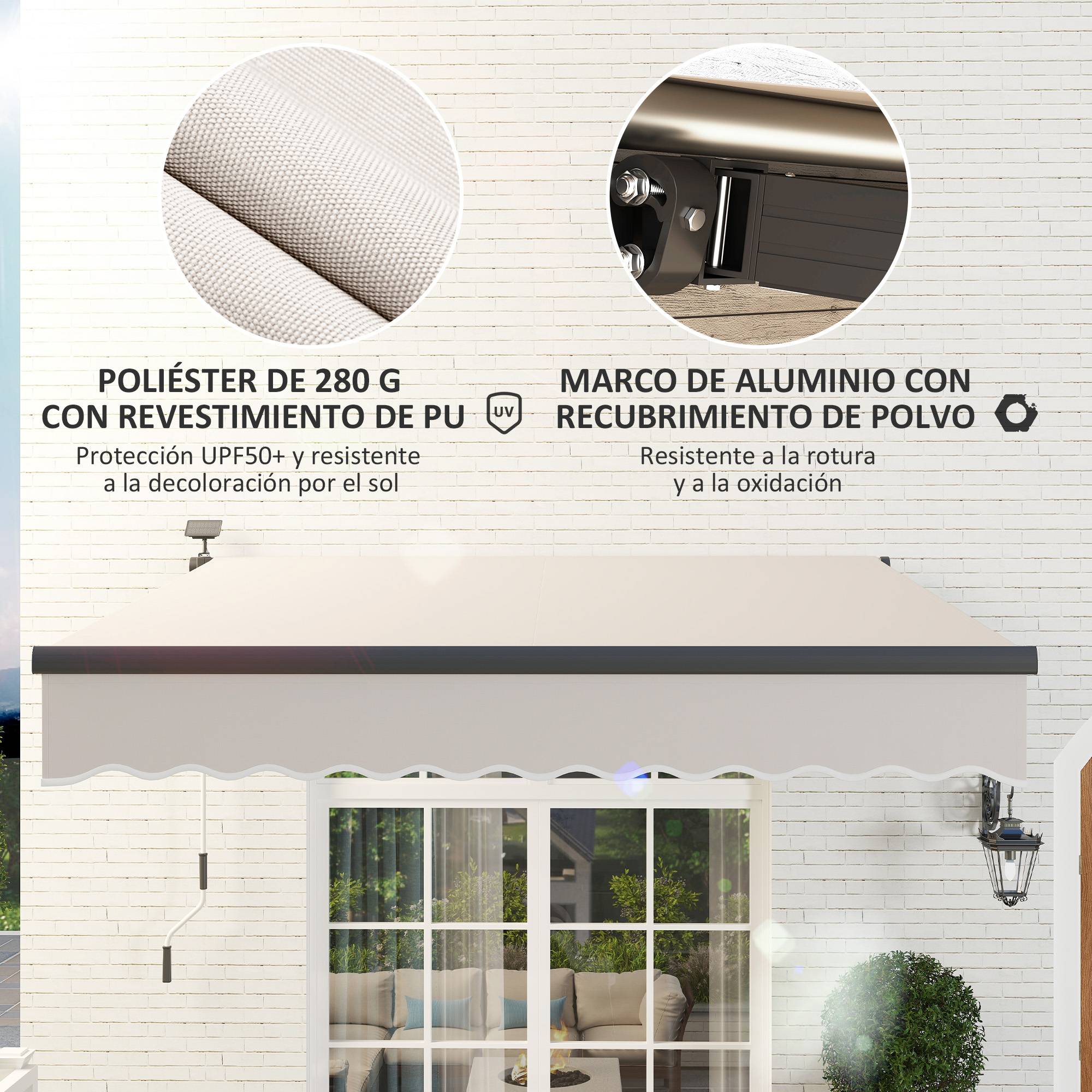Store banne rétractable manuel avec éclairage solaire LED, inclinaison réglable de 45 à 90° et protection UPF 50+, extérieur 3 x 2,5 m, crème - Image 7