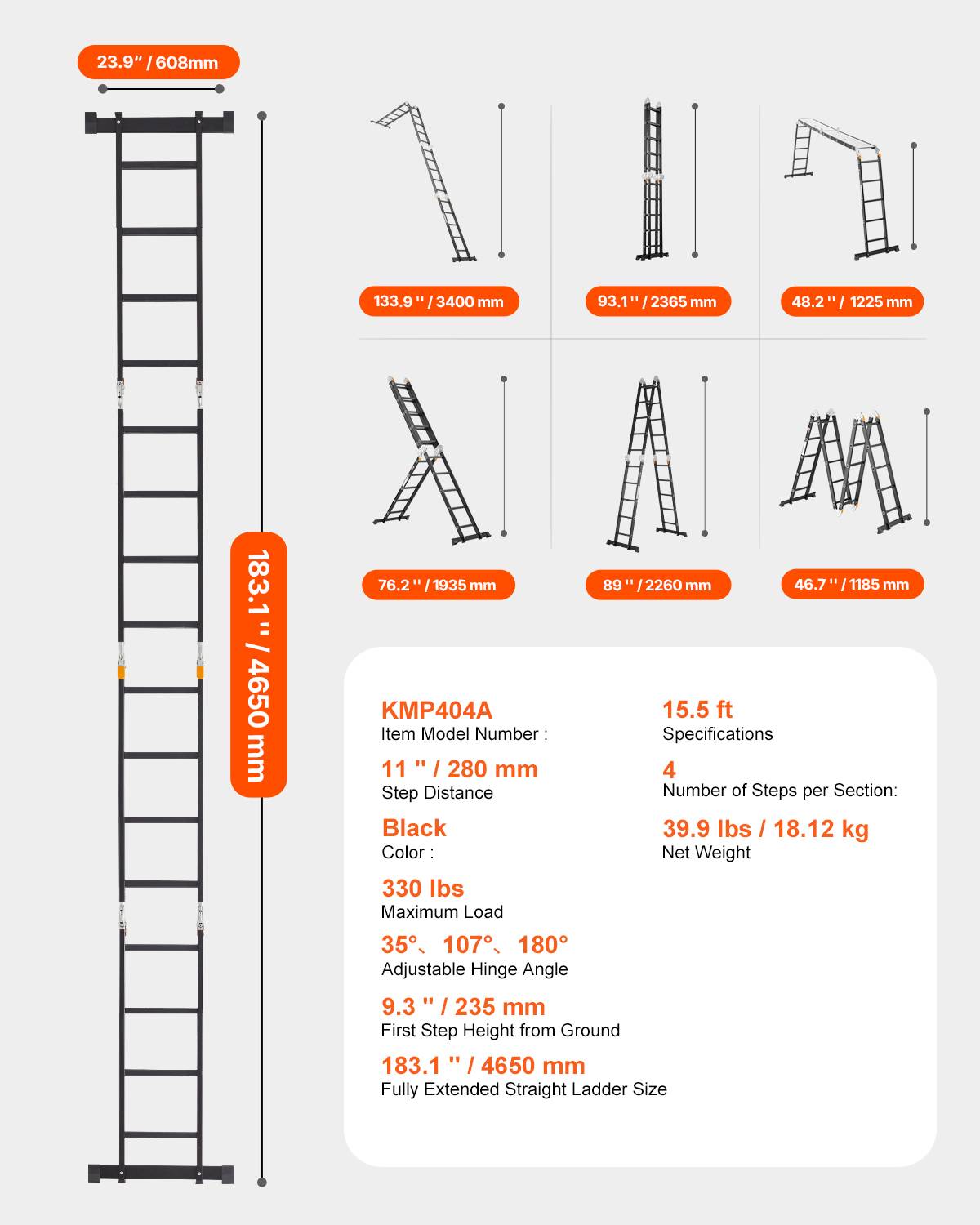 Vevor - VEVOR Échelle pliante 7-en-1, hauteur portée 4,65 m. Planche échafaudage, charge 150 kg. - Image 7