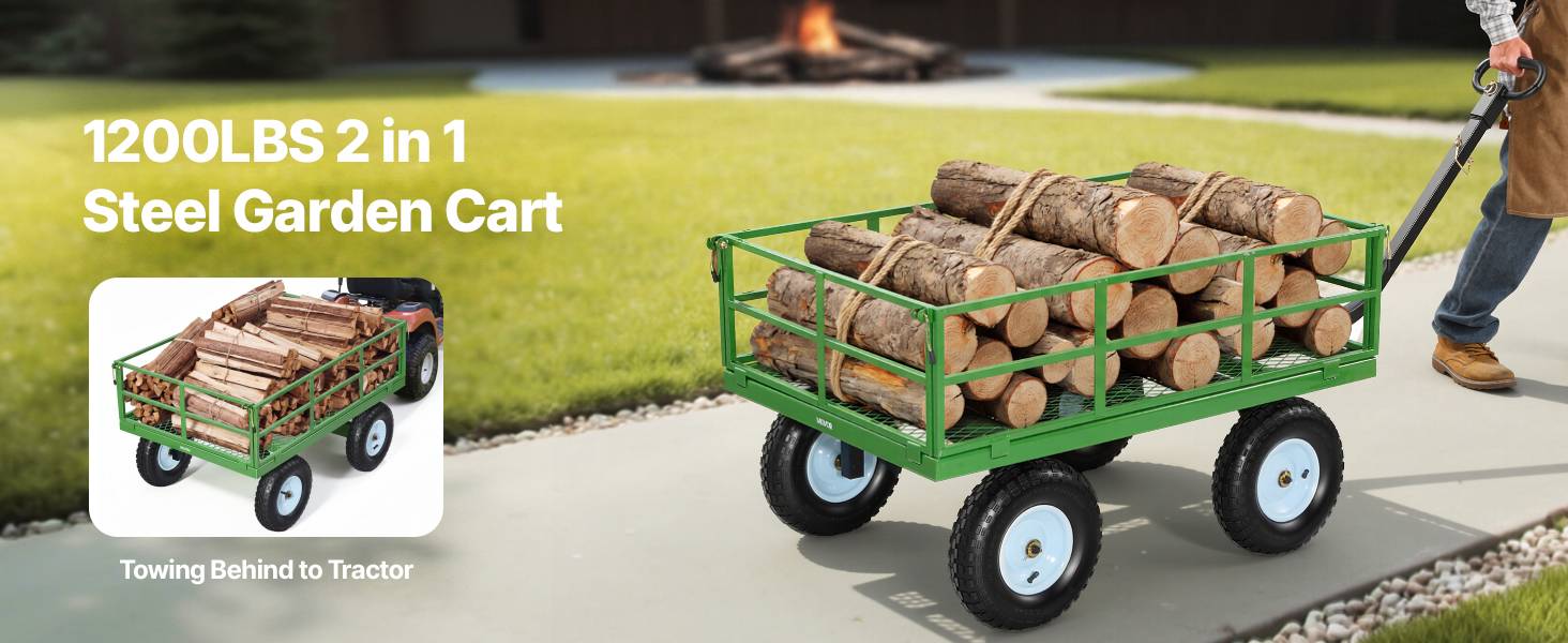 Vevor - VEVOR Chariot de jardin acier 544 kg, 3 en 1 plateau/ridelles/remorque, pneus 33 cm tout-terrain, poignée 180°, noir et vert. - Image 9
