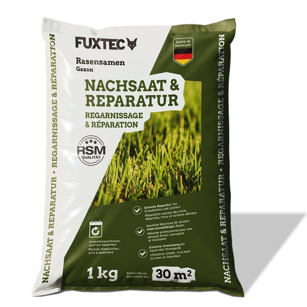 Semences de gazon FUXTEC FX-RSNR1 – sursemis et réparation 1kg/30m² – germination rapide – mélange robuste soleil ombre - Image 1