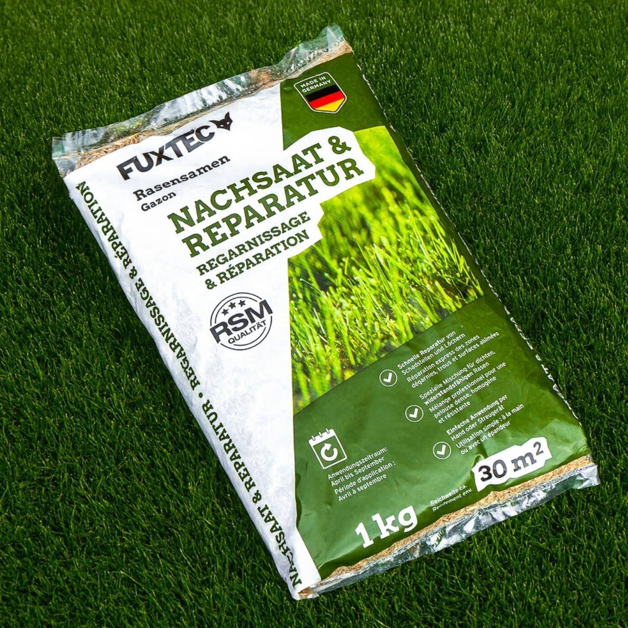 Semences de gazon FUXTEC FX-RSNR1 – sursemis et réparation 1kg/30m² – germination rapide – mélange robuste soleil ombre - Image 2