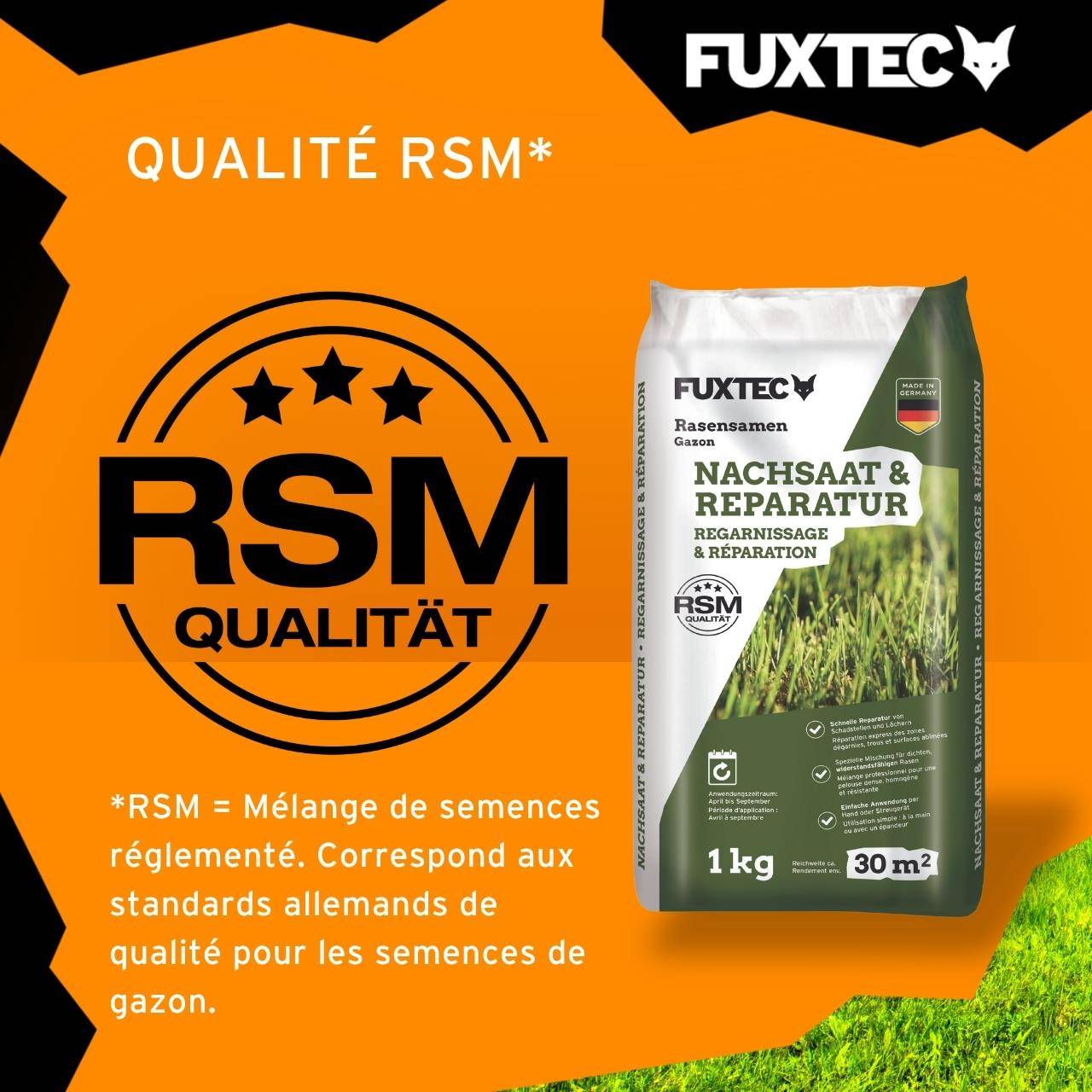 Semences de gazon FUXTEC FX-RSNR1 – sursemis et réparation 1kg/30m² – germination rapide – mélange robuste soleil ombre - Image 6