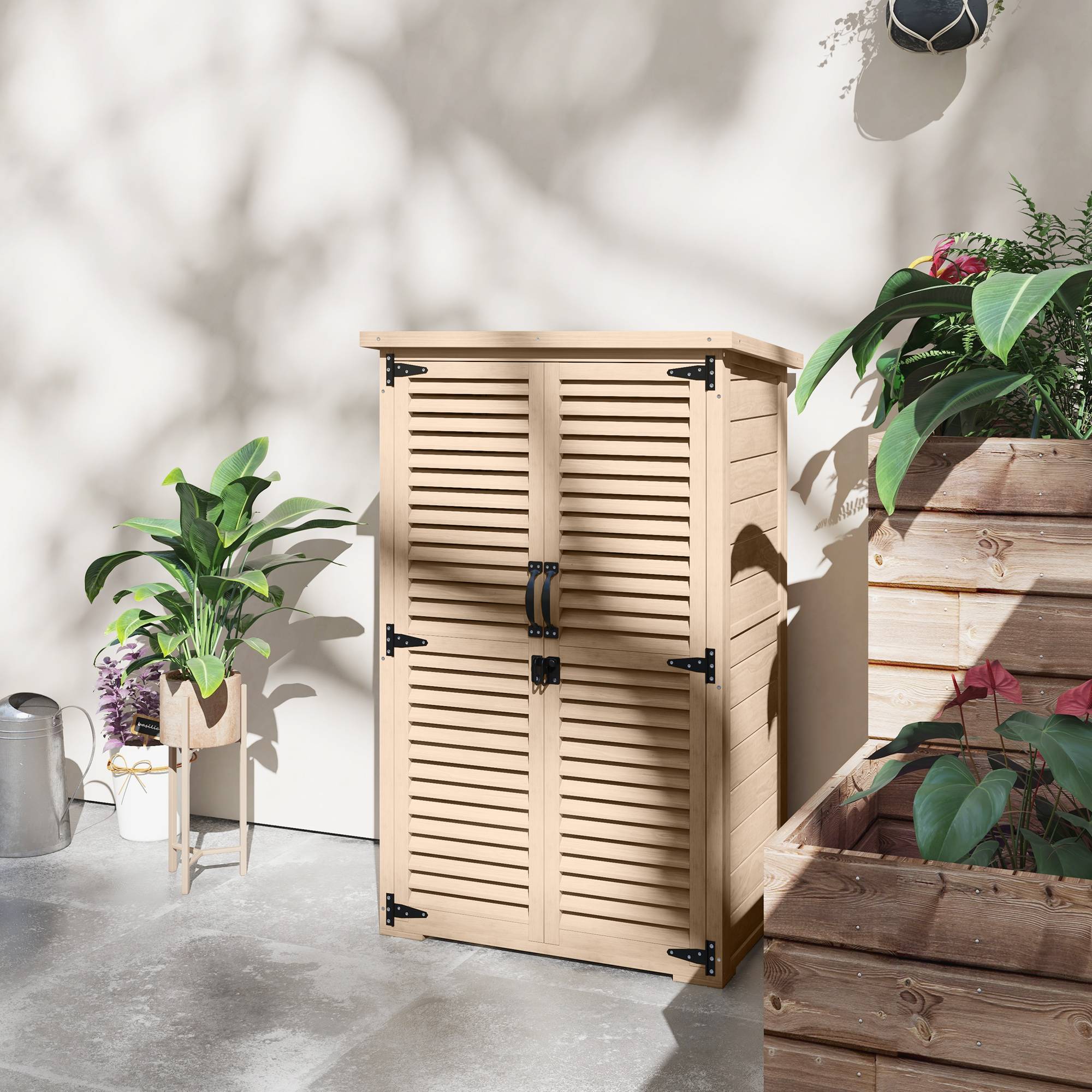 Outsunny - Armoire de jardin remise pour outils 75x50x118 cm 2 étagères toit bitumé portes persiennes verrouillable bois naturel - Outsunny - Image 9