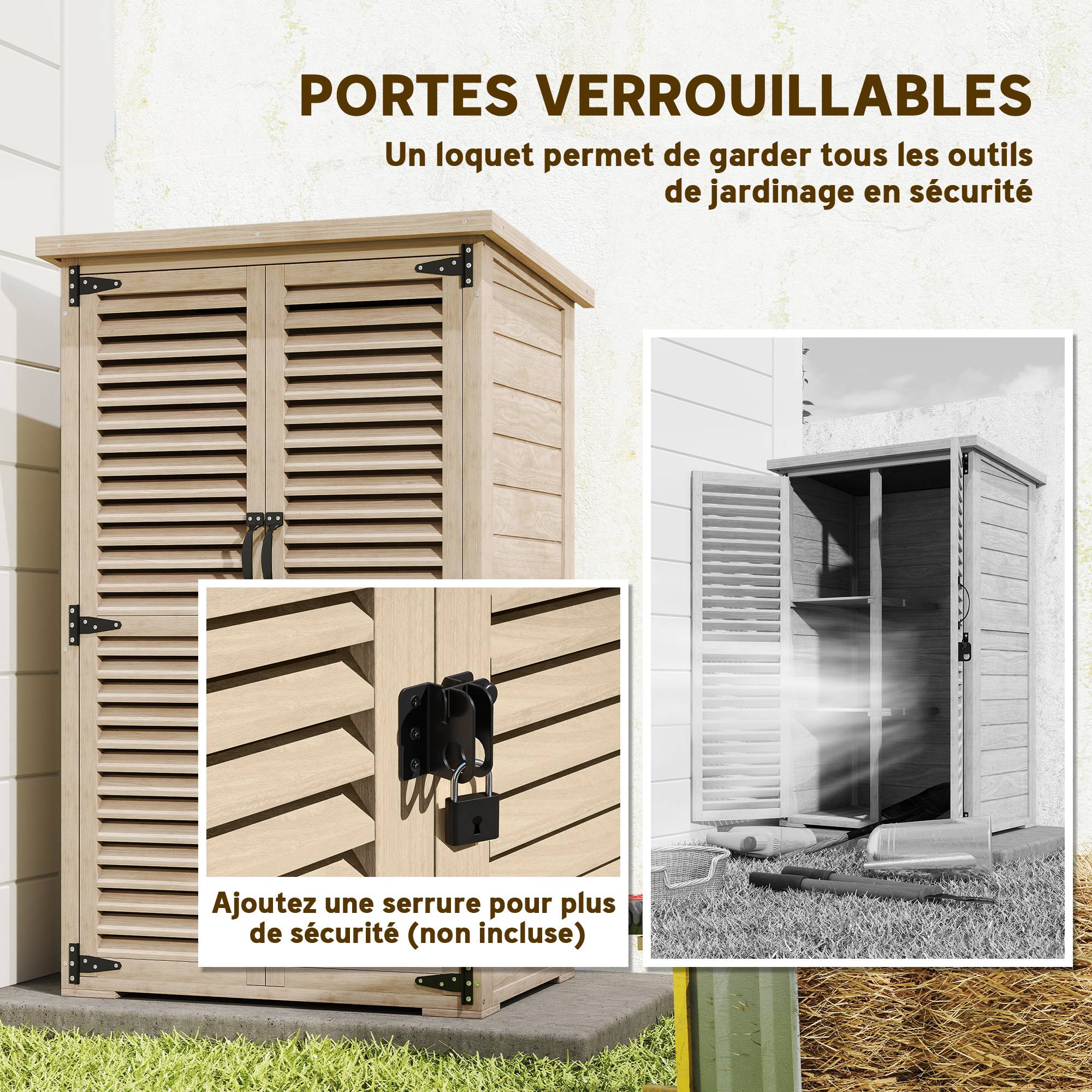 Outsunny - Armoire de jardin remise pour outils 75x50x118 cm 2 étagères toit bitumé portes persiennes verrouillable bois naturel - Outsunny - Image 7