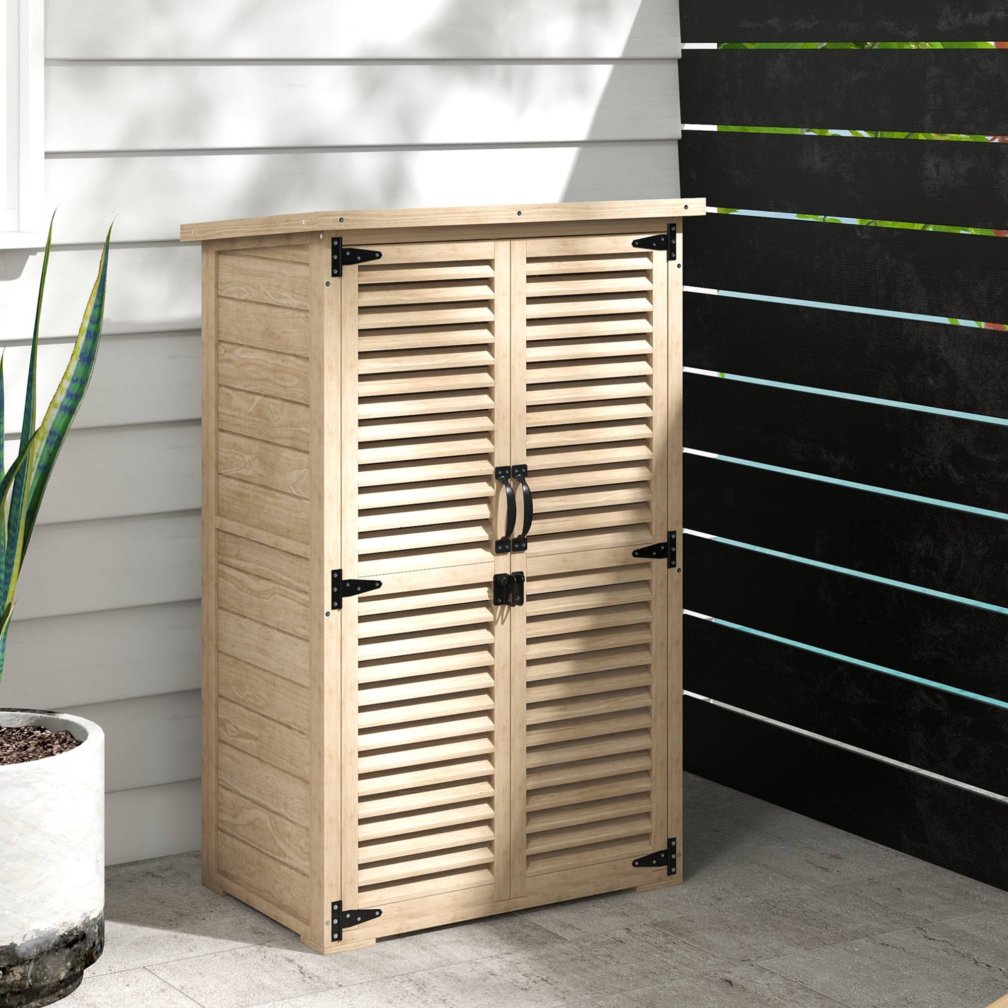 Outsunny - Armoire de jardin remise pour outils 75x50x118 cm 2 étagères toit bitumé portes persiennes verrouillable bois naturel - Outsunny - Image 8