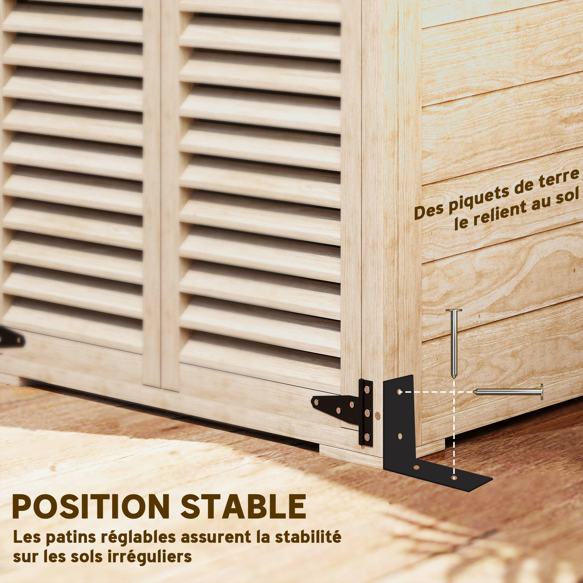 Outsunny - Armoire de jardin remise pour outils 75x50x118 cm 2 étagères toit bitumé portes persiennes verrouillable bois naturel - Outsunny - Image 6