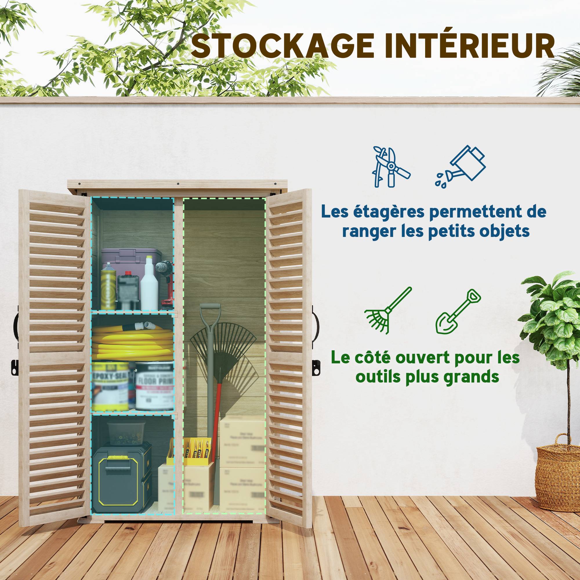 Outsunny - Armoire de jardin remise pour outils 75x50x118 cm 2 étagères toit bitumé portes persiennes verrouillable bois naturel - Outsunny - Image 4
