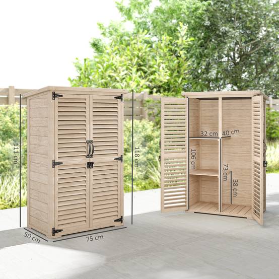 Outsunny - Armoire de jardin remise pour outils 75x50x118 cm 2 étagères toit bitumé portes persiennes verrouillable bois naturel - Outsunny - Image 3