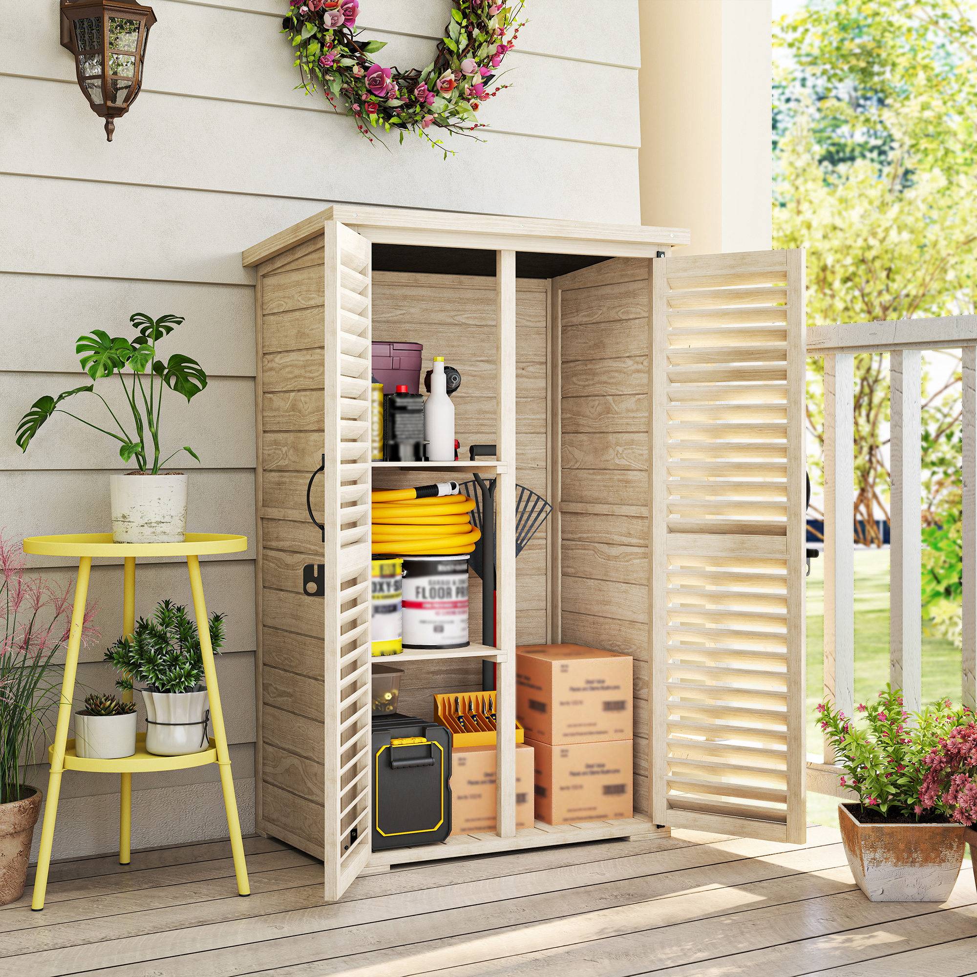 Outsunny - Armoire de jardin remise pour outils 75x50x118 cm 2 étagères toit bitumé portes persiennes verrouillable bois naturel - Outsunny - Image 2