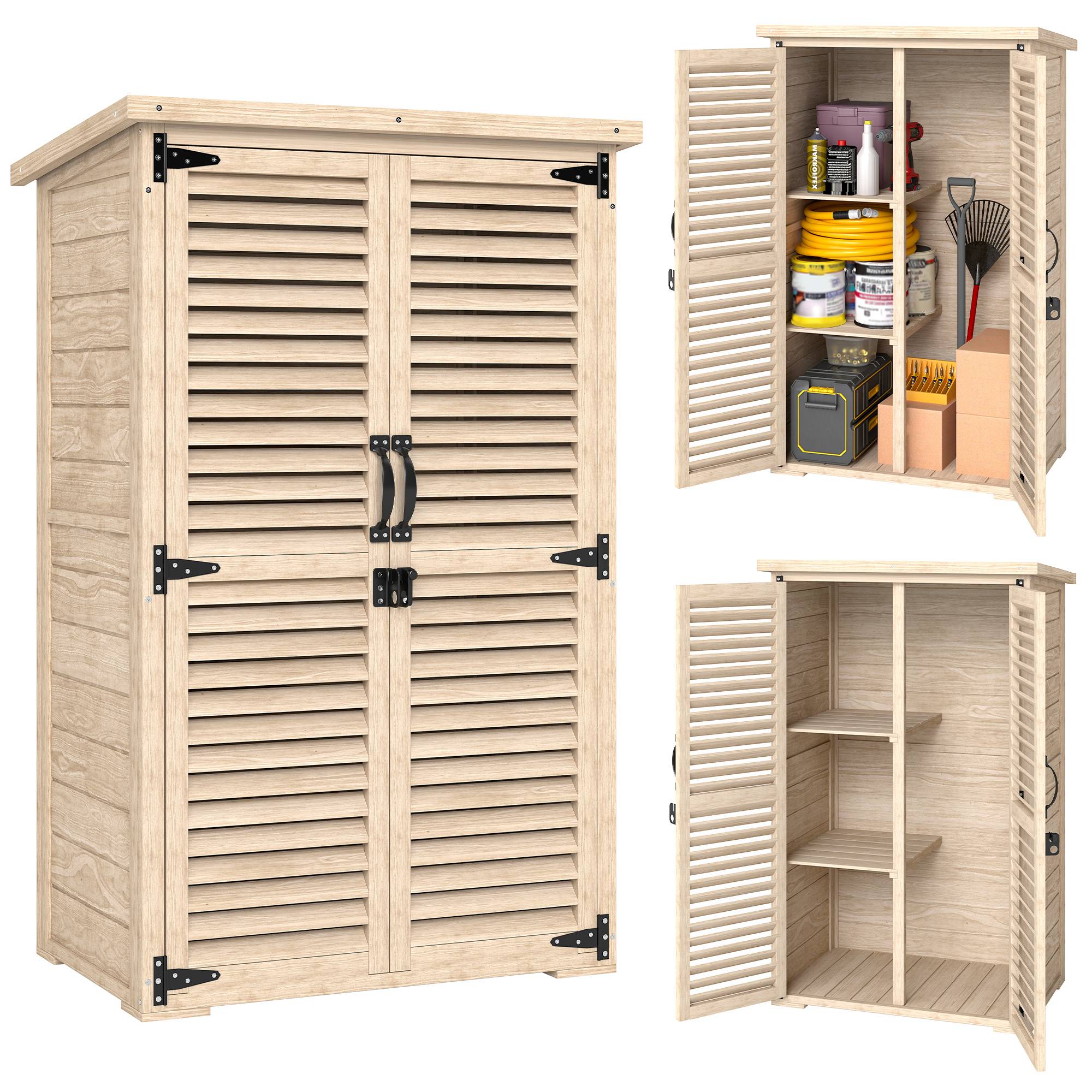 Outsunny - Armoire de jardin remise pour outils 75x50x118 cm 2 étagères toit bitumé portes persiennes verrouillable bois naturel - Outsunny - Image 1