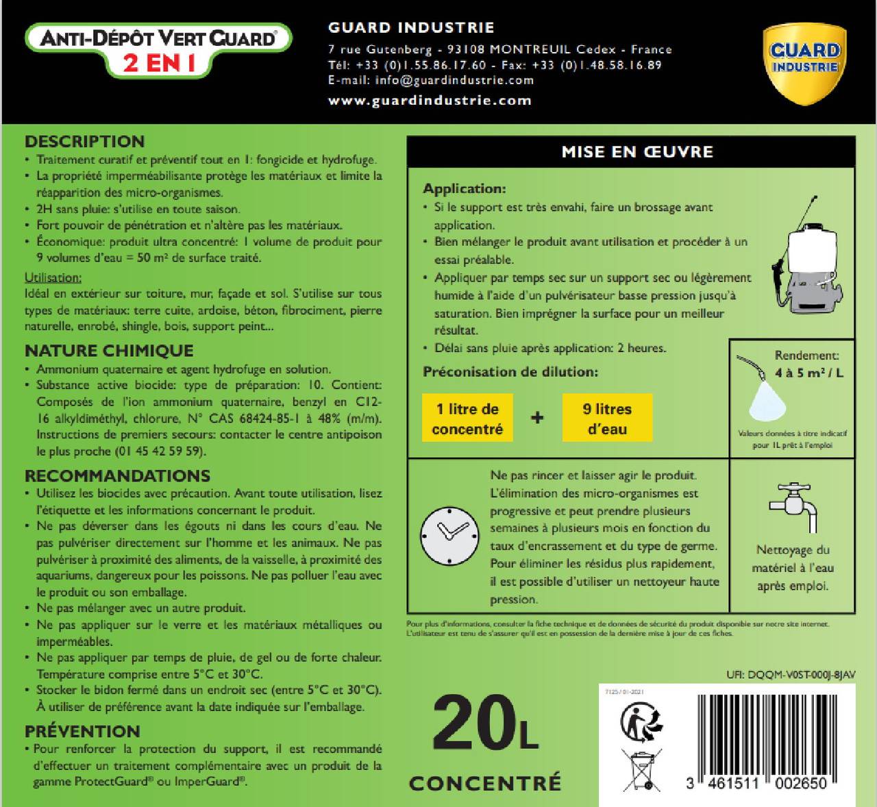 Anti Dépôt Vert Guard 2en1 20L traite 1000 m² Nettoyant Imperméabilisant Invisible Anti Verdissure 4x5L - Image 5