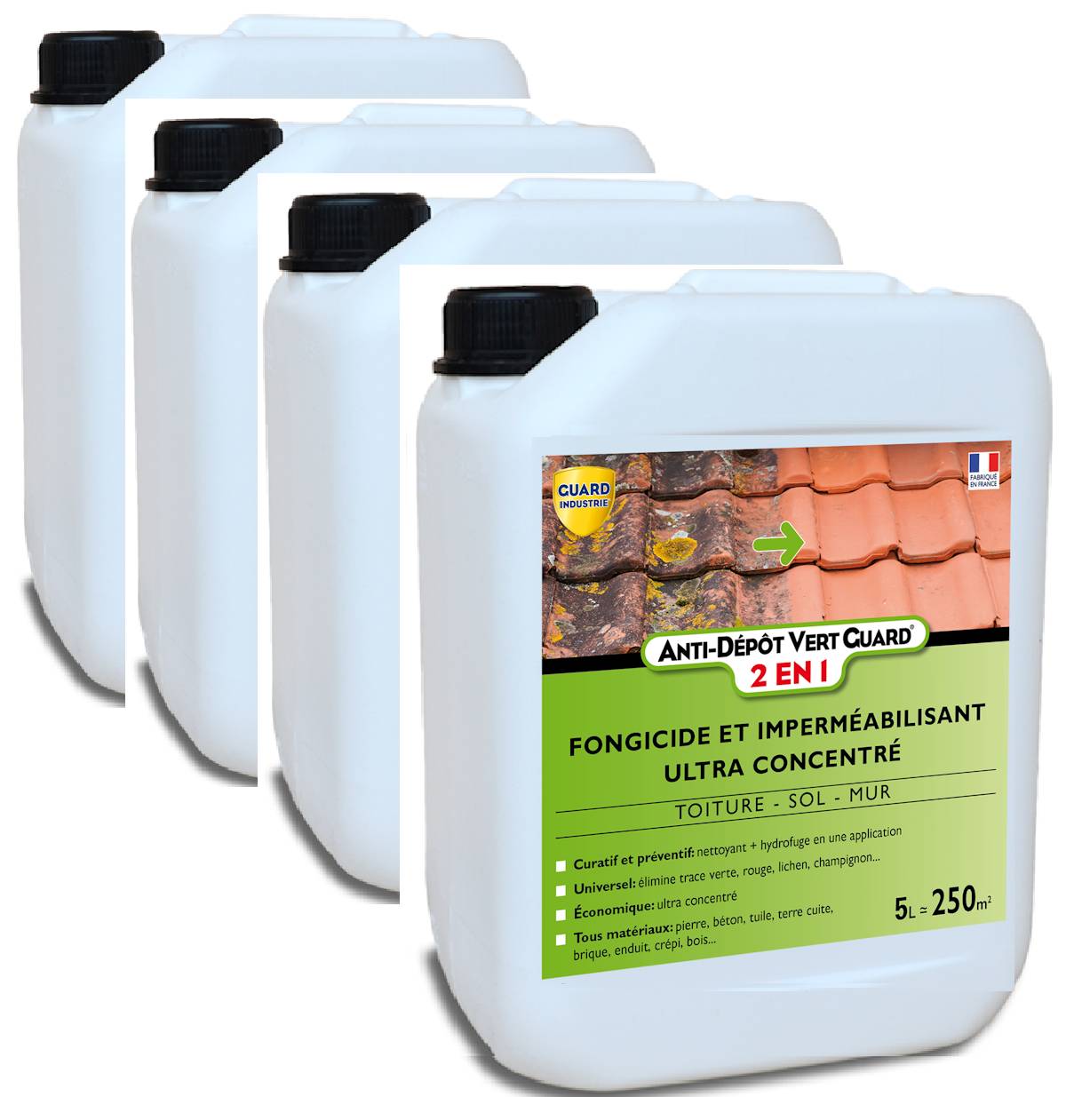 Anti Dépôt Vert Guard 2en1 20L traite 1000 m² Nettoyant Imperméabilisant Invisible Anti Verdissure 4x5L