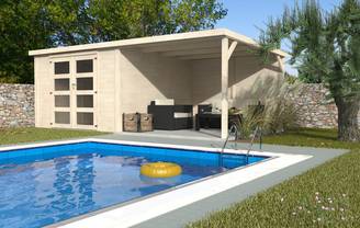 Decor et Jardin - Abri de jardin DÉLICES 8,94 m² + auvent 7,84 m² – 6×3 m, madriers 28 mm – Décor et Jardin