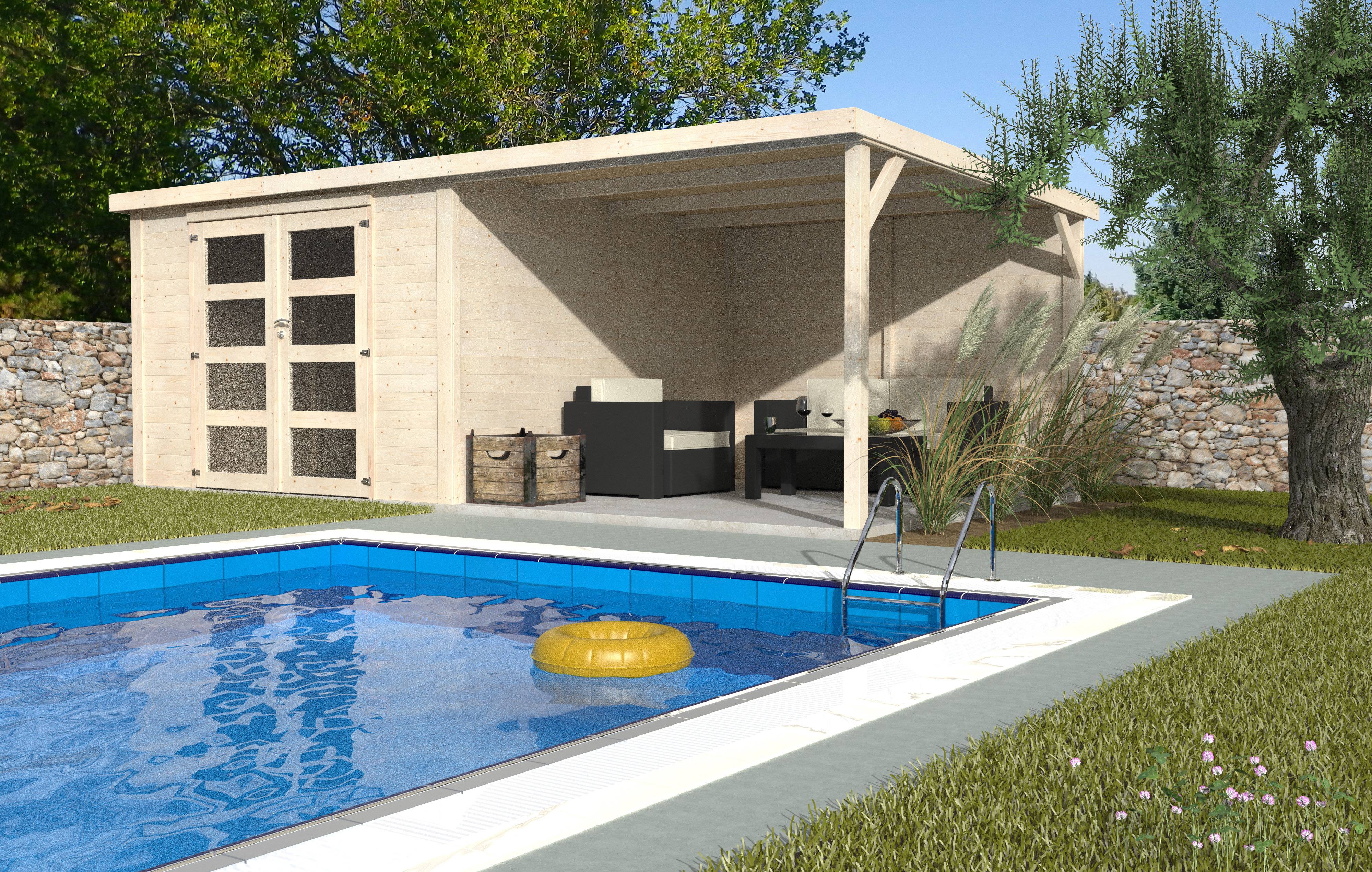 Decor et Jardin - Abri de jardin DÉLICES 8,94 m² + auvent 7,84 m² – 6×3 m, madriers 28 mm – Décor et Jardin