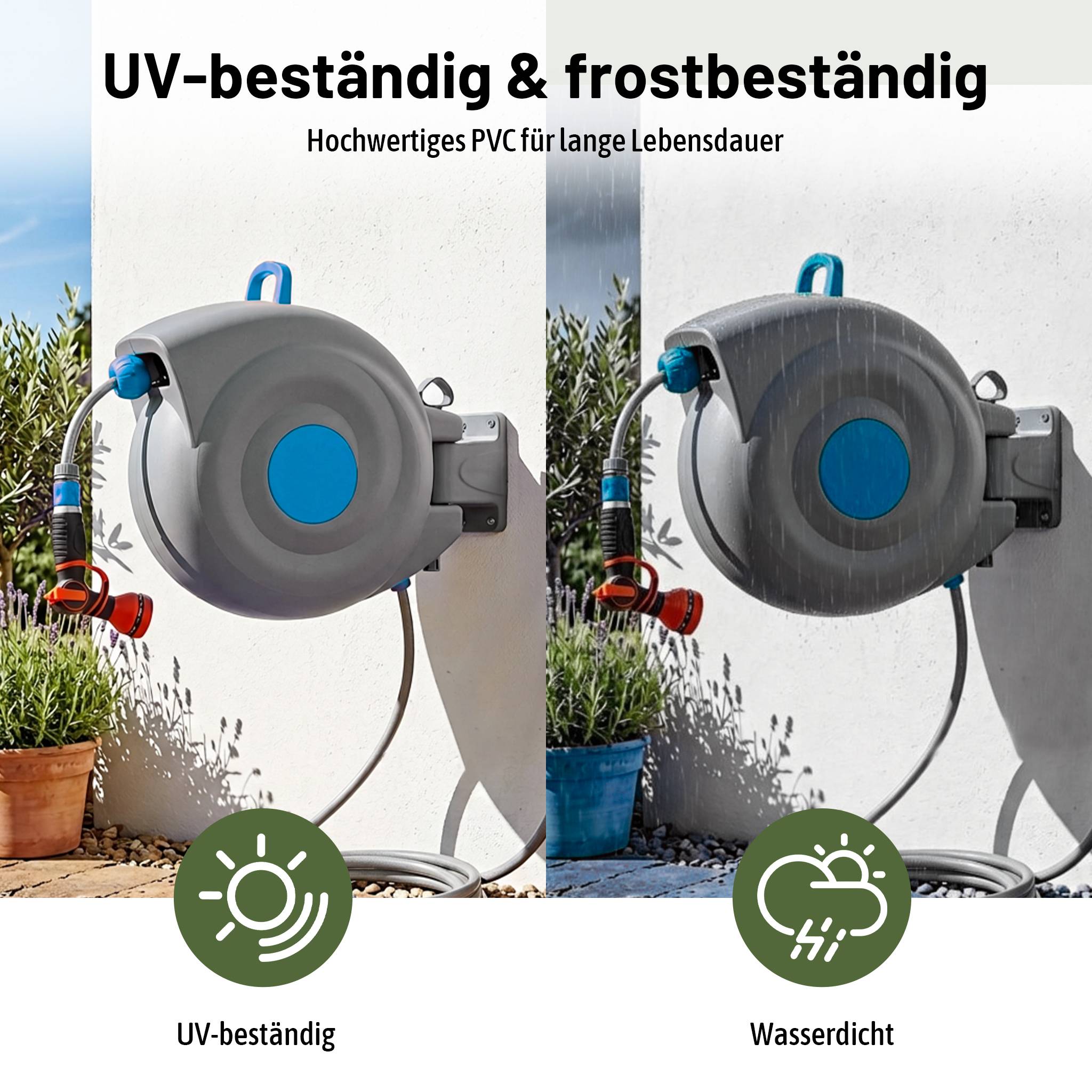 Dévidoir mural automatique 30m plastique pour jardin pivotant 180° pistolet 9 jets bleu - ComfortXL Outdoor Living - Image 9