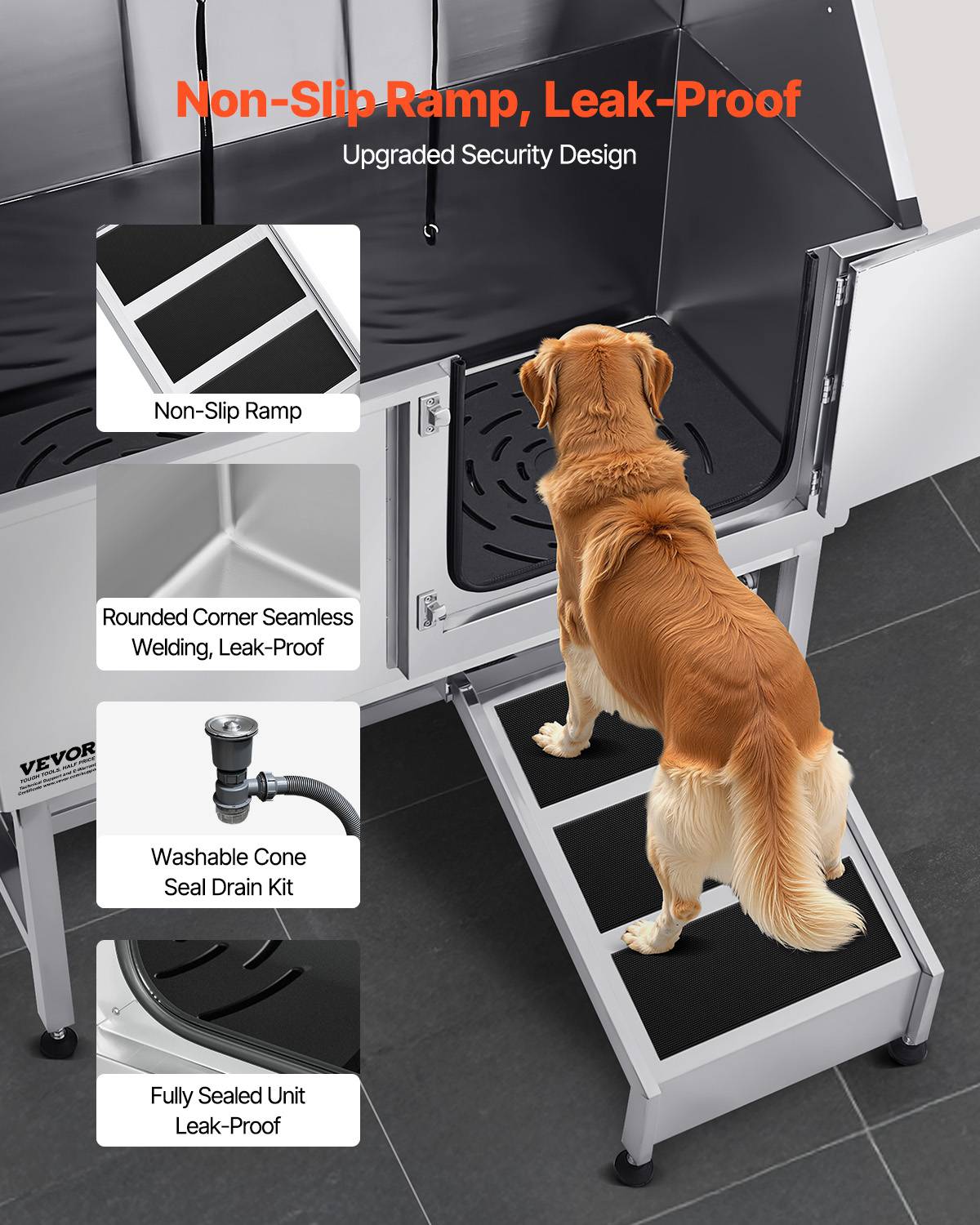 VEVOR Baignoire chien inox, 127 cm, station lavage, rampe. Robinet, pommeau douche, porte droite. - Image 3