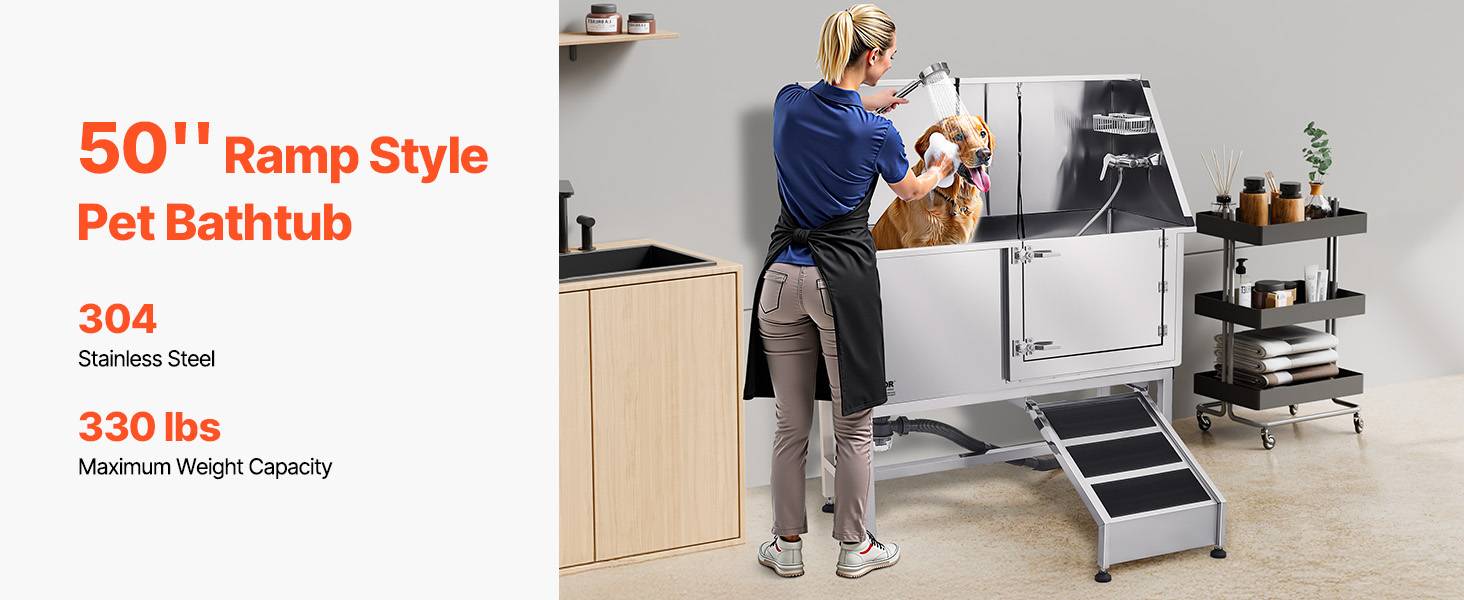 VEVOR Baignoire chien inox, 127 cm, station lavage, rampe. Robinet, pommeau douche, porte droite. - Image 9