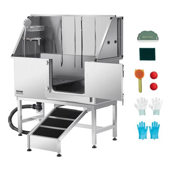 VEVOR Baignoire chien inox, 127 cm, station lavage, rampe. Robinet, pommeau douche, porte droite. - Image 1