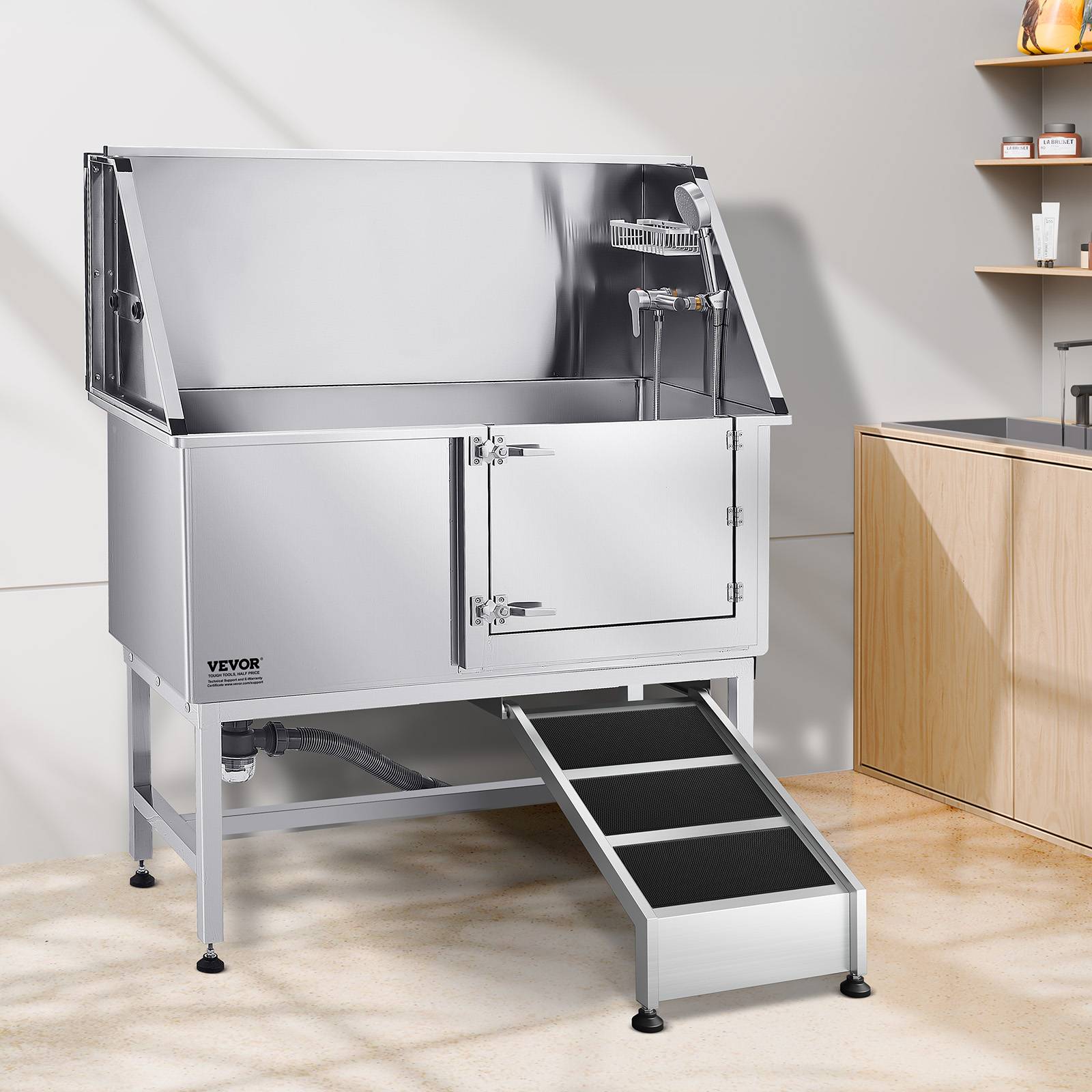 VEVOR Baignoire chien inox, 127 cm, station lavage, rampe. Robinet, pommeau douche, porte droite. - Image 8