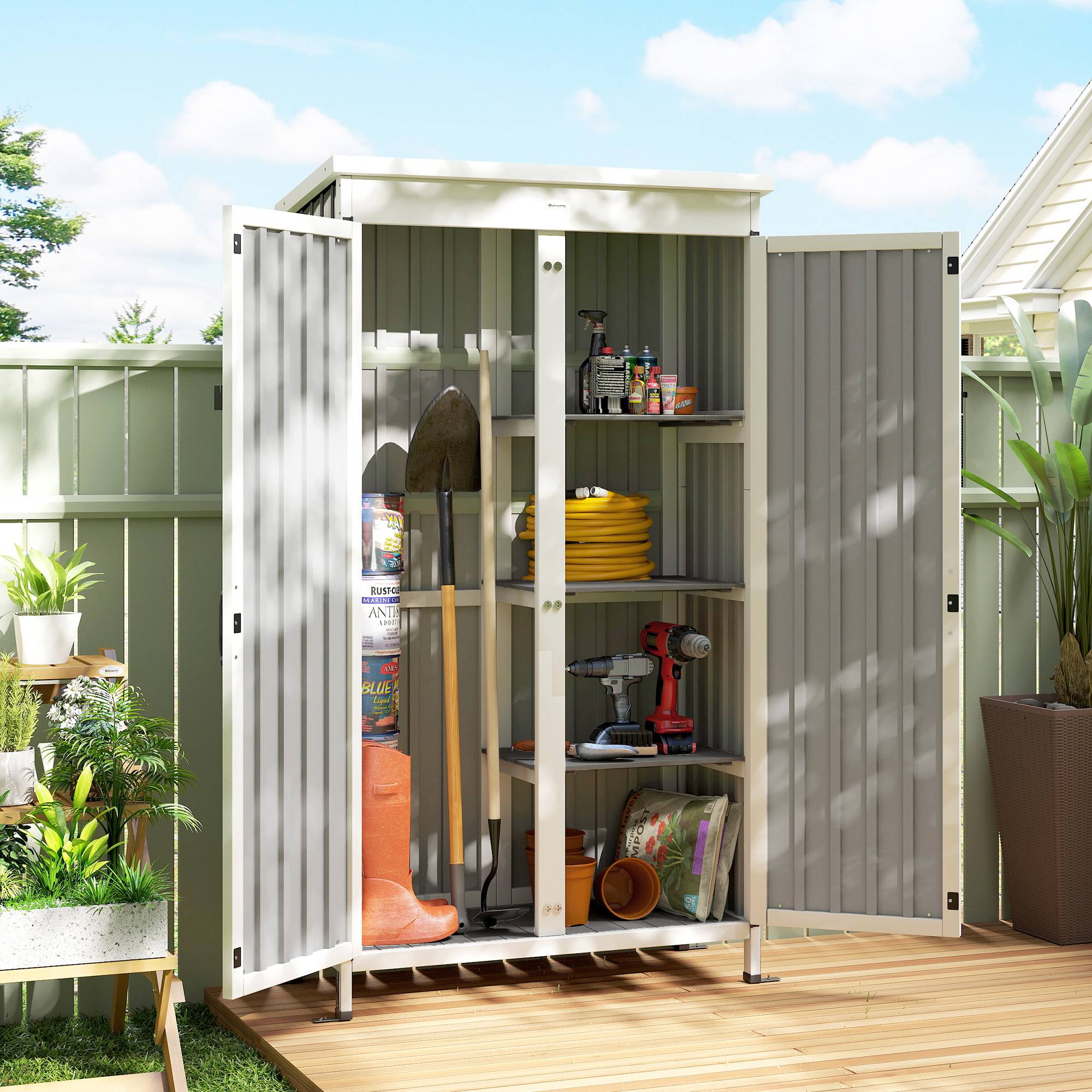Armoire de Jardin Bois et Acier Rangement Extérieur 3 Étagères 94x43x166cm Noir - ComfortXL Outdoor Living - Image 4
