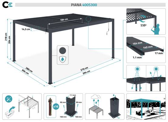 Cazeboo Pergola bioclimatique autoportée PIANA 4x3 m aluminium gris - lames orientables - Image 2