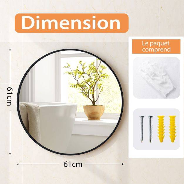 Helloshop26 - Miroir rond 61 cm miroir mural avec cadre en métal mat brossé antirouille pour décoration minimaliste moderne noir - Image 5
