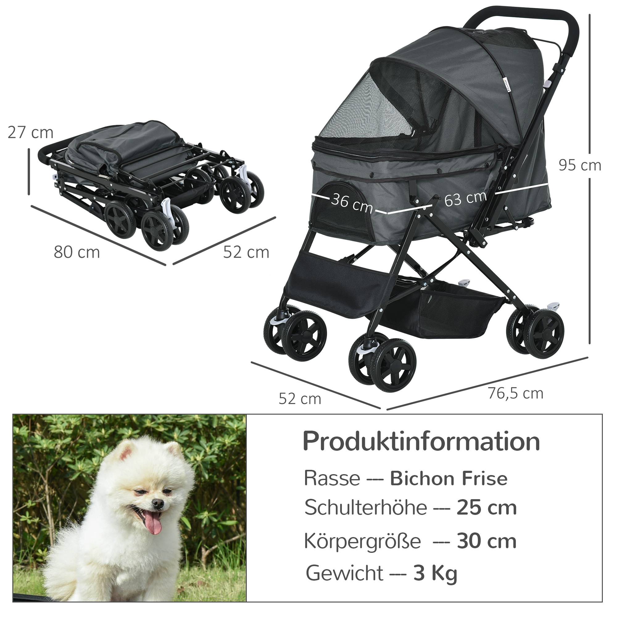 Poussette chien petits chiens chats, Oxford, gris foncé, 76,5 x 52 x 95 cm - Image 5