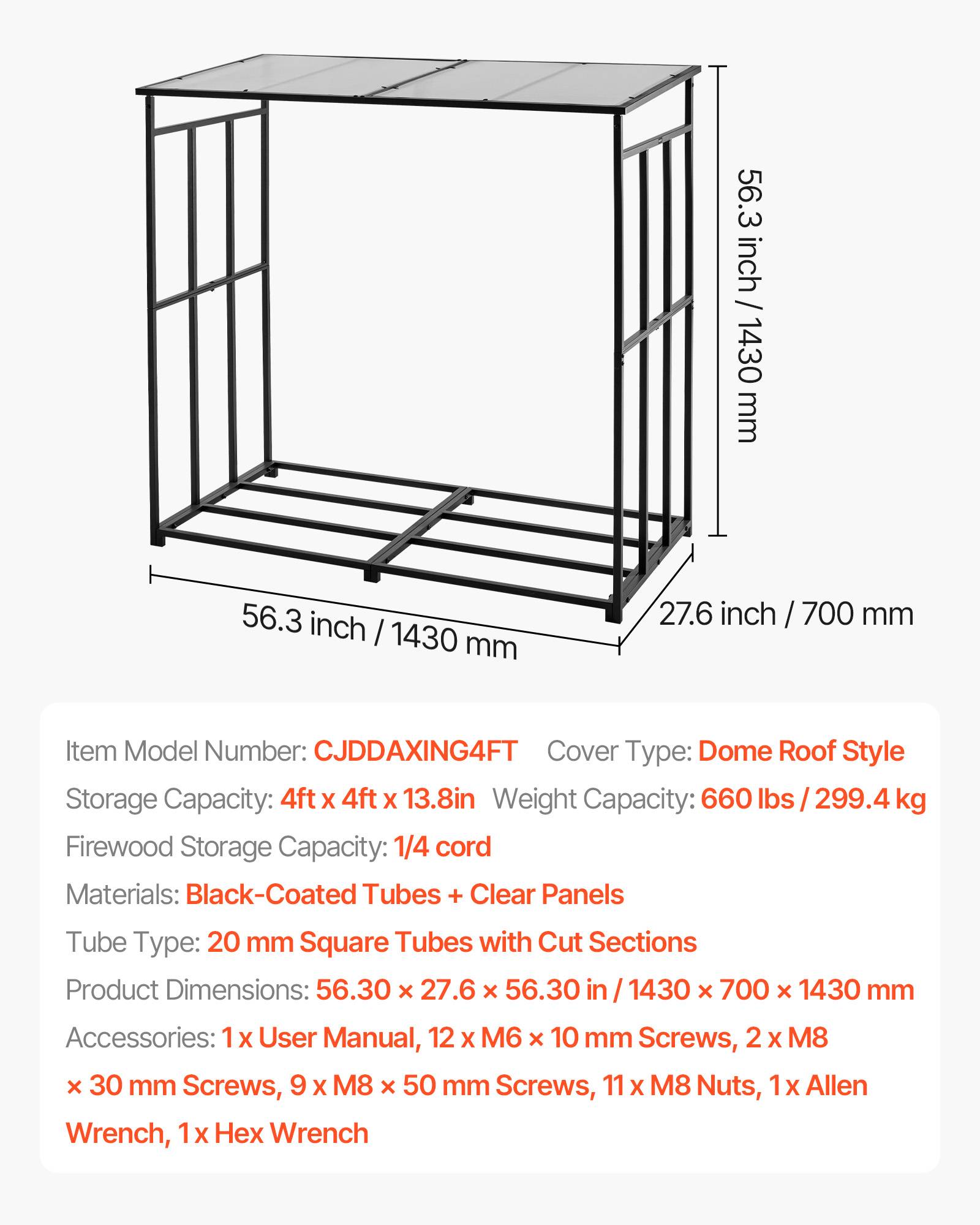Vevor - VEVOR support à bois 143 x 70 x 143 cm, toit polycarbonate, capacité 0,91 m³, charge 299,4 kg, acier galvanisé thermolaqué. - Image 6