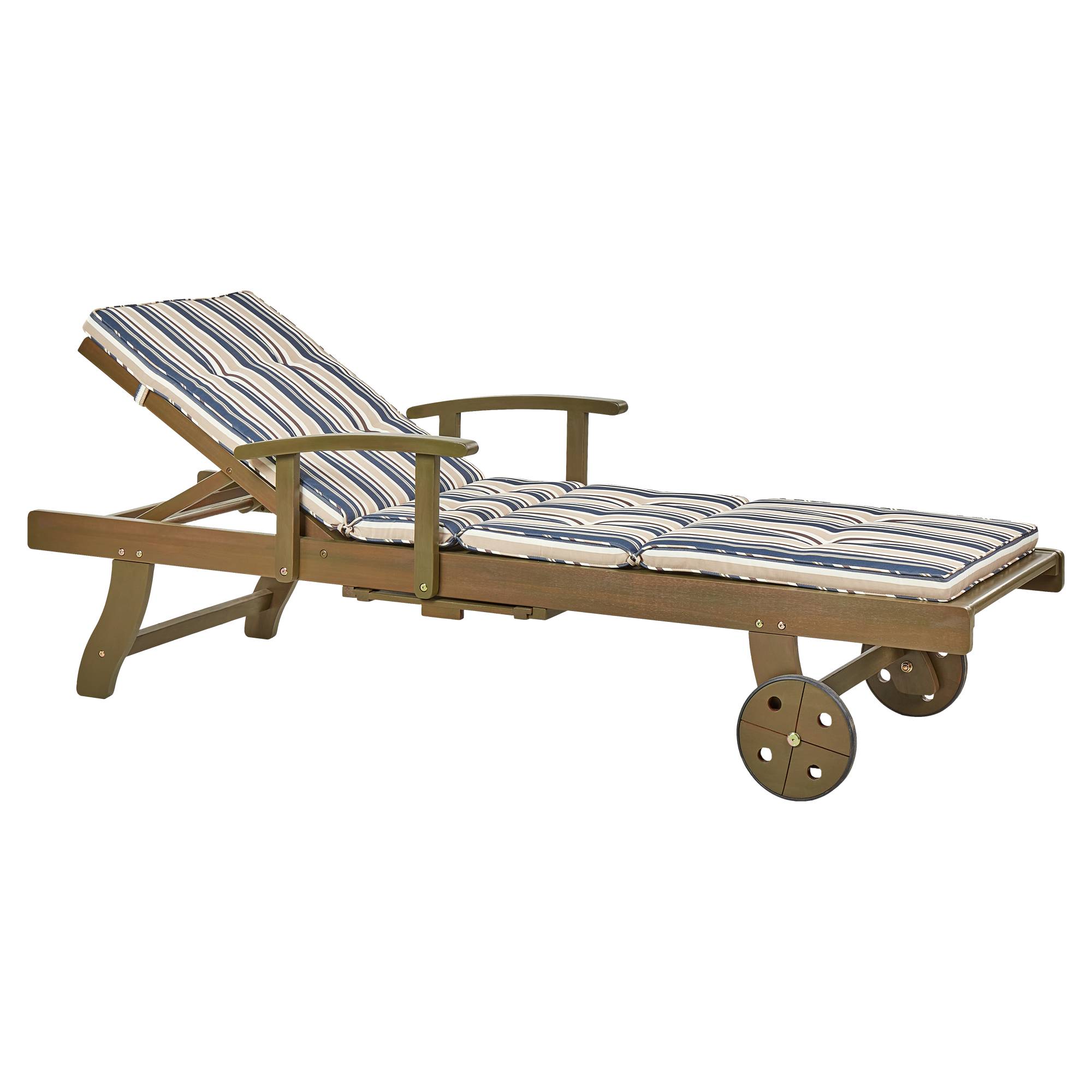 Beliani - Chaise Longue en Bois d'Acacia Foncé à Roues Transat avec Siège Inclinable et Coussin Bleu Rayé pour Terrasse Style Campagne Rustique - Image 1