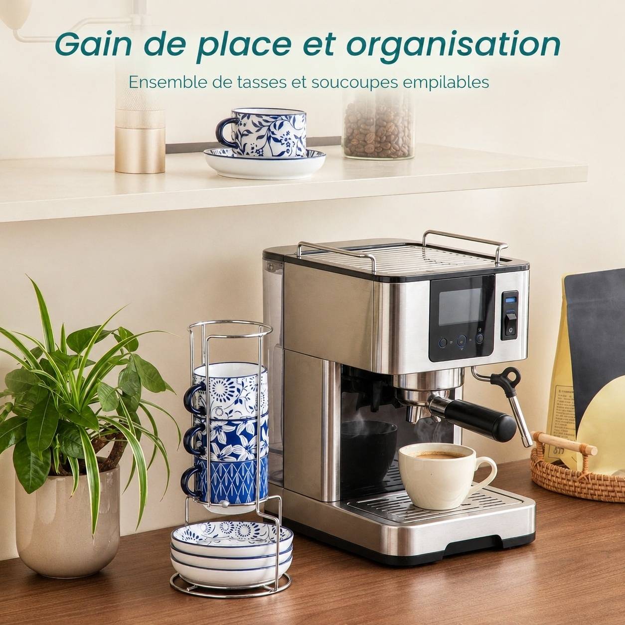 Set de 4 Tasses à Café Porcelaine avec Sous-tasses et Support - Image 6
