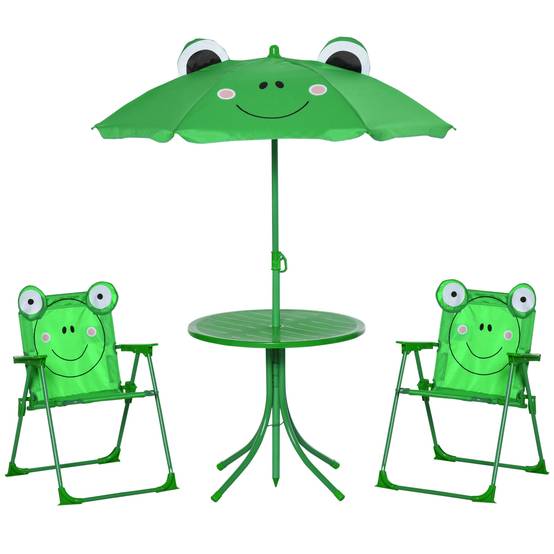 Ensemble table et chaises de jardin pour enfants, set de pique-nique pliable, avec parasol réglable en hauteur (100-125 cm), motif grenouille verte - Image 1