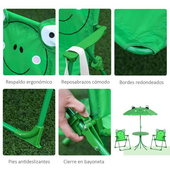 Ensemble table et chaises de jardin pour enfants, set de pique-nique pliable, avec parasol réglable en hauteur (100-125 cm), motif grenouille verte - Image 9