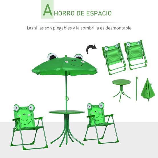 Ensemble table et chaises de jardin pour enfants, set de pique-nique pliable, avec parasol réglable en hauteur (100-125 cm), motif grenouille verte - Image 6