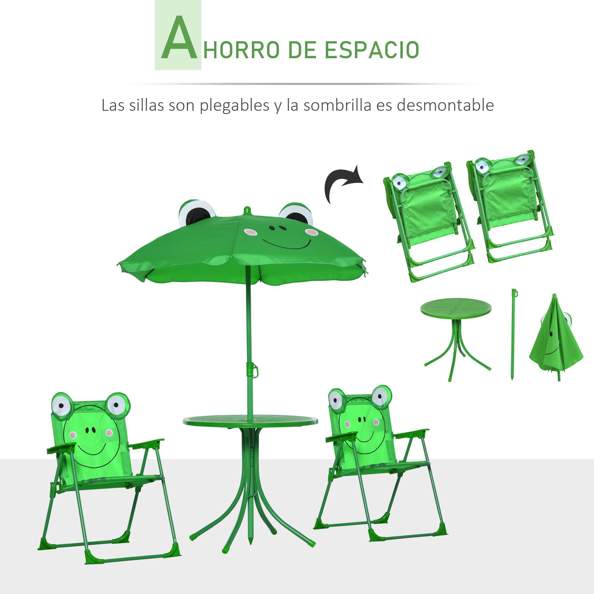 Ensemble table et chaises de jardin pour enfants, set de pique-nique pliable, avec parasol réglable en hauteur (100-125 cm), motif grenouille verte - Image 6
