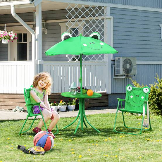 Ensemble table et chaises de jardin pour enfants, set de pique-nique pliable, avec parasol réglable en hauteur (100-125 cm), motif grenouille verte - Image 3
