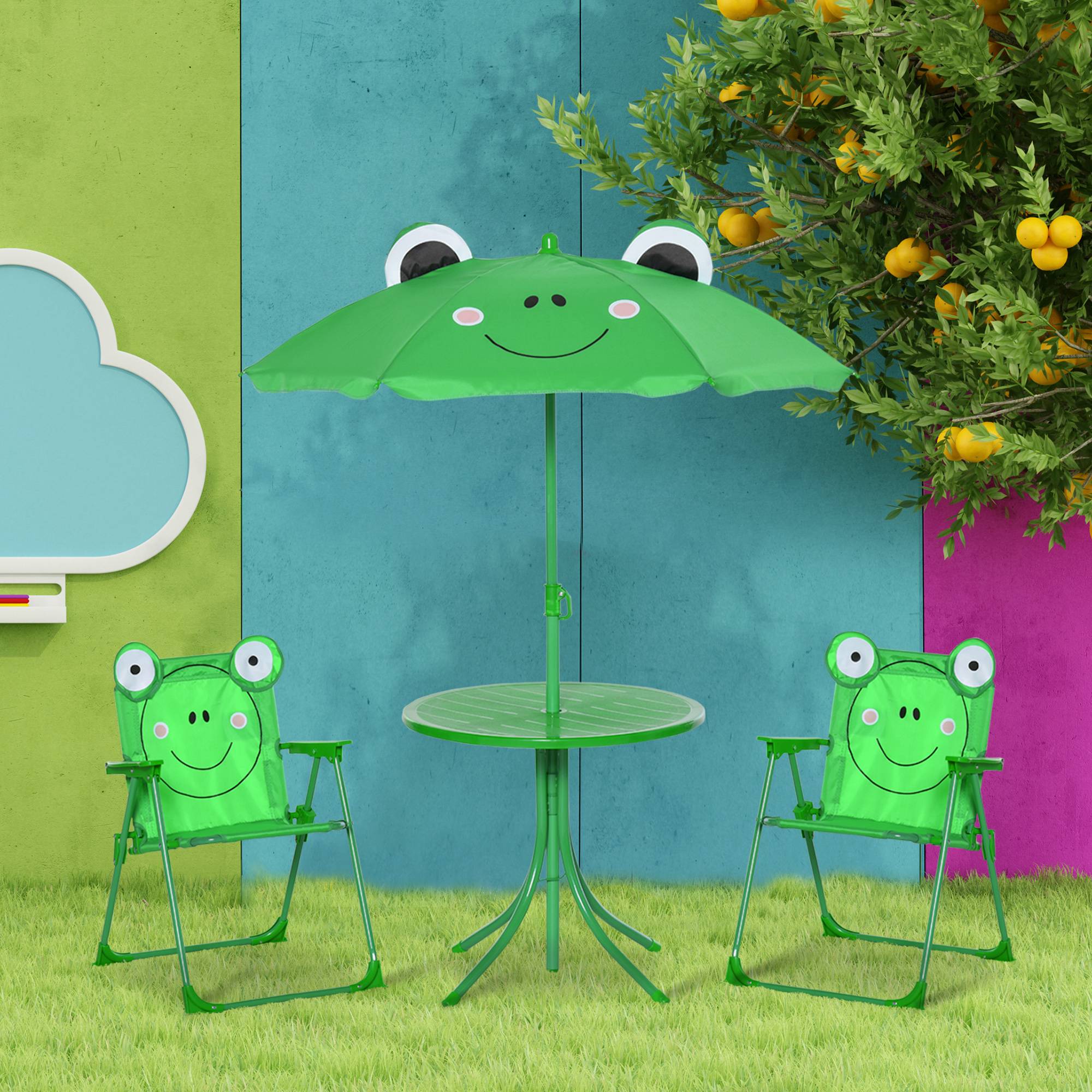 Ensemble table et chaises de jardin pour enfants, set de pique-nique pliable, avec parasol réglable en hauteur (100-125 cm), motif grenouille verte - Image 4