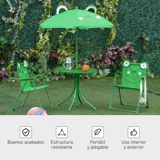 Ensemble table et chaises de jardin pour enfants, set de pique-nique pliable, avec parasol réglable en hauteur (100-125 cm), motif grenouille verte - Image 7
