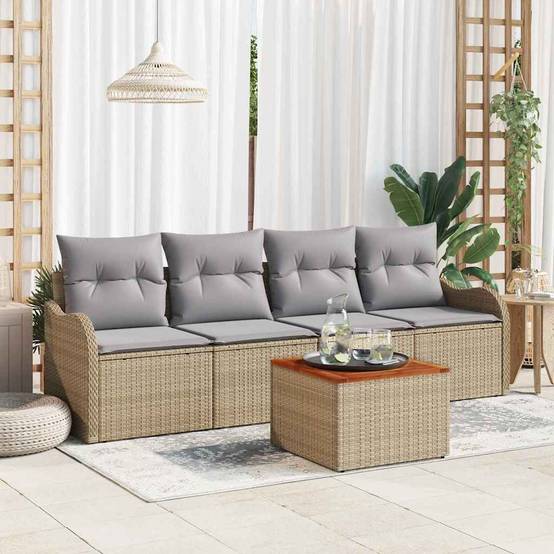 Mobilier Détente 5 pcs Beige & Gris Clair – Résine & Bois – Style Épuré & Moderne – ComfortXL Outdoor Living - Image 1