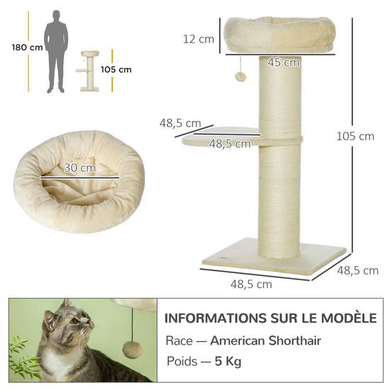 Arbre à chat sisal et peluche beige 48.5 x 48.5 x 105 cm - PANGIVO - Image 5