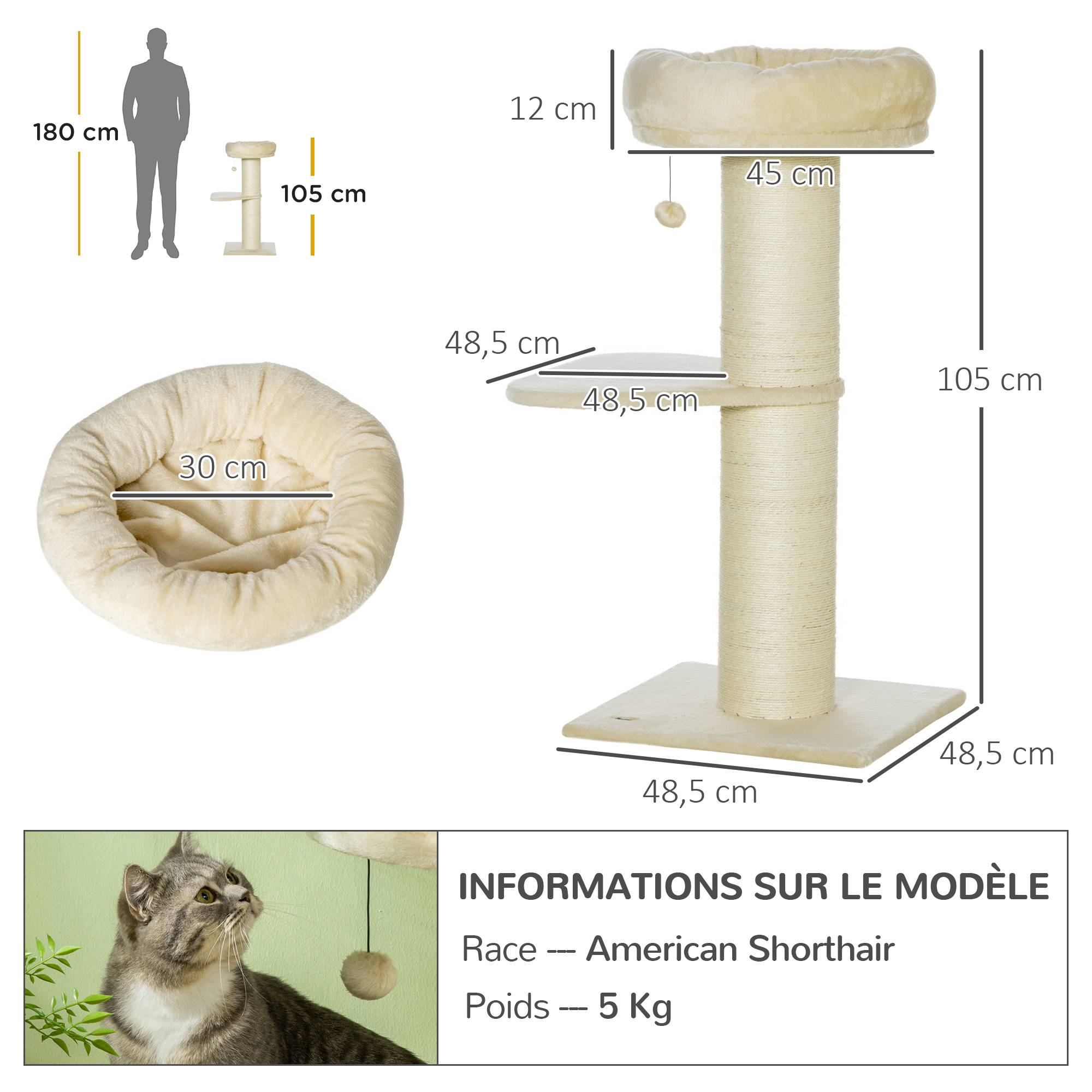 Arbre à chat sisal et peluche beige 48.5 x 48.5 x 105 cm - PANGIVO - Image 5