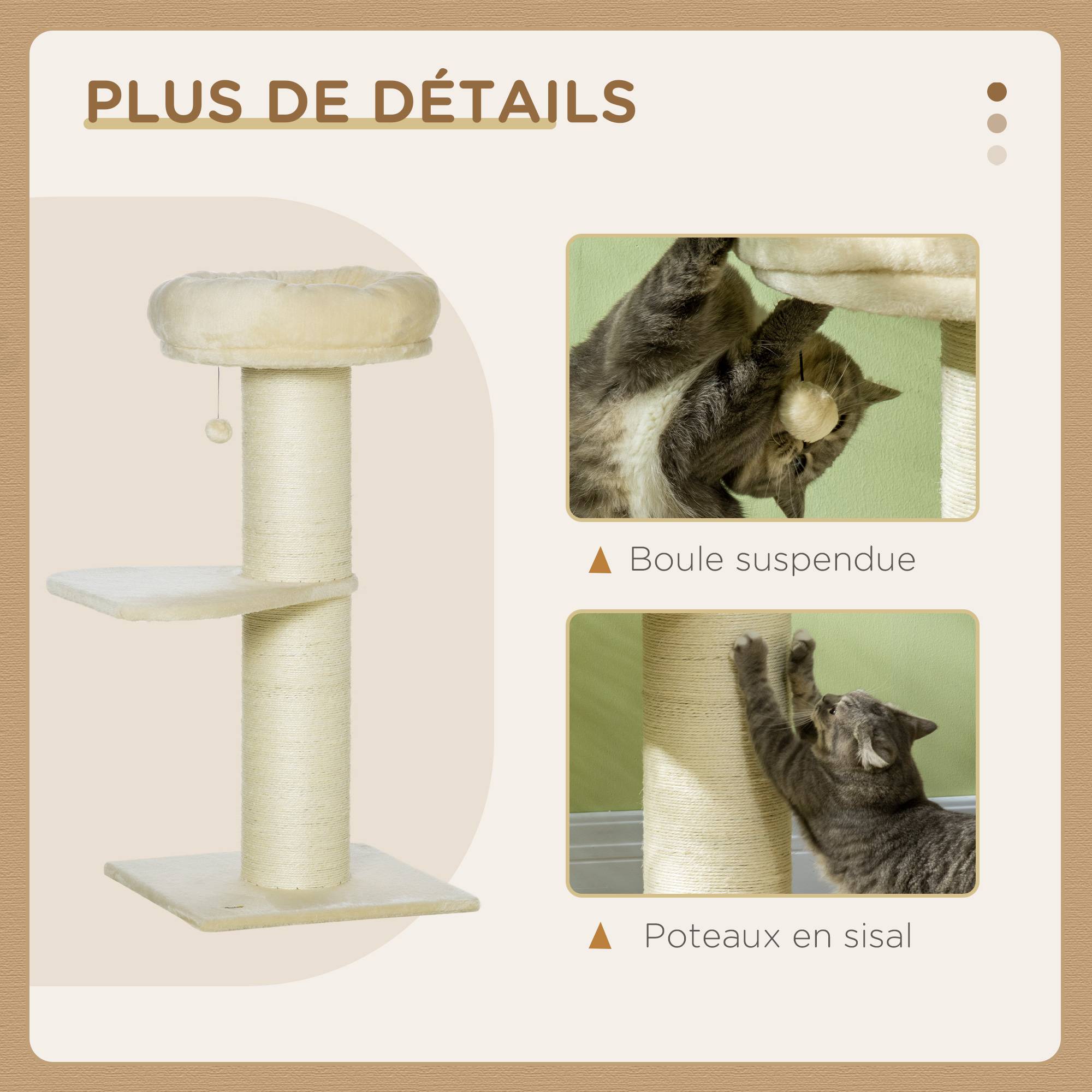 Arbre à chat sisal et peluche beige 48.5 x 48.5 x 105 cm - PANGIVO - Image 7