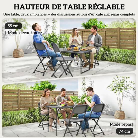 Outsunny - Salon de jardin extérieur 4 personnes, chaises pliables, table réglable en hauteur - plateau effet bois - gris foncé - Outsunny - Image 8