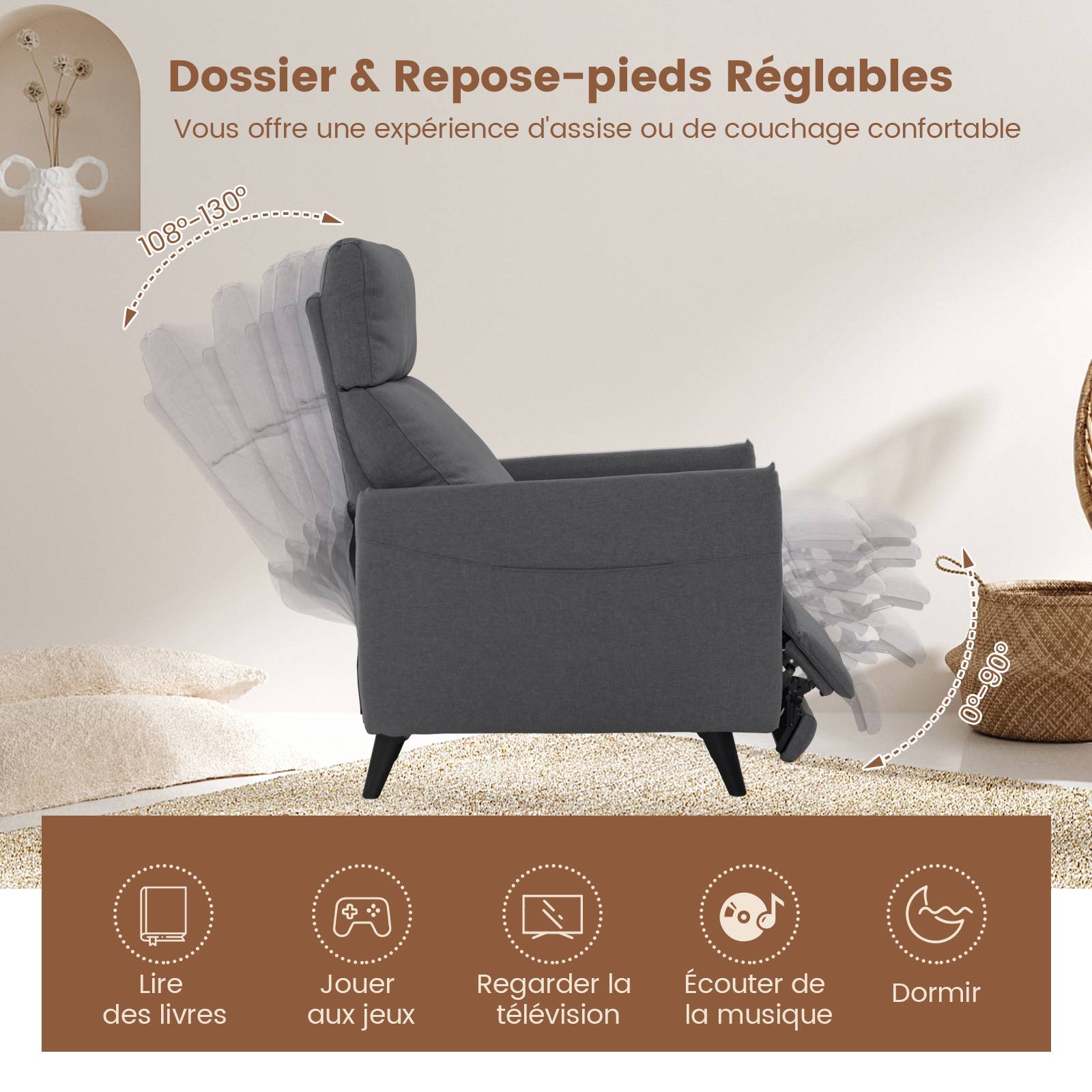 Fauteuil de Relaxation, Fauteuil de Massage avec Dossier et Repose-Pieds ,Charge 120 KG,Gris Foncé - Image 3