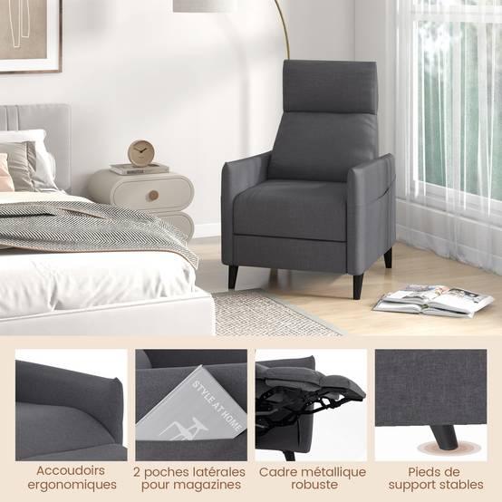 Fauteuil de Relaxation, Fauteuil de Massage avec Dossier et Repose-Pieds ,Charge 120 KG,Gris Foncé - Image 2