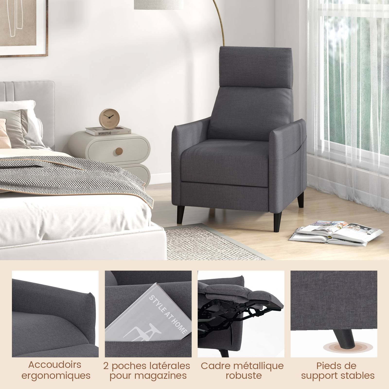 Fauteuil de Relaxation, Fauteuil de Massage avec Dossier et Repose-Pieds ,Charge 120 KG,Gris Foncé - Image 2