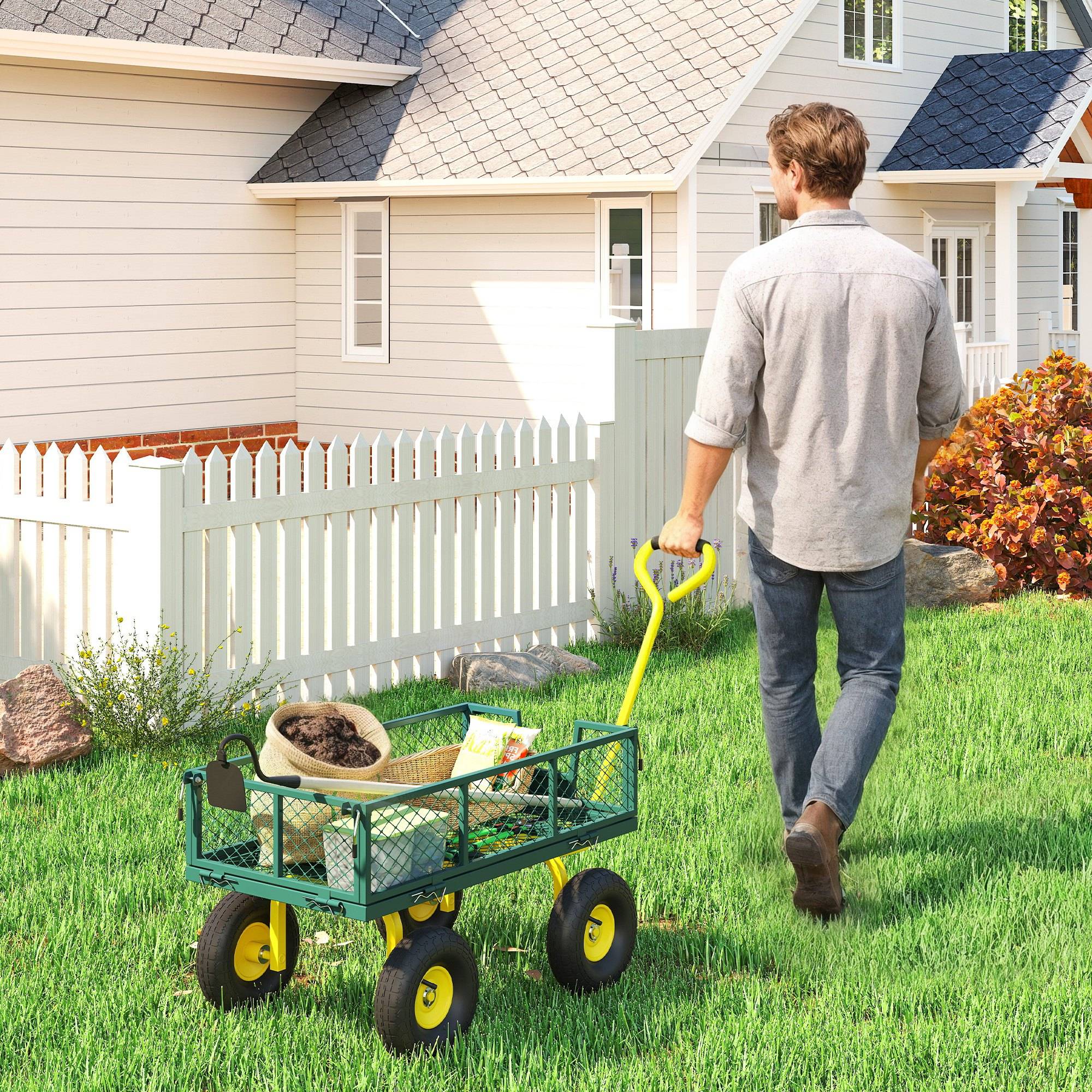 ComfortXL - Chariot de jardin acier vert jaune 104 x 54 x 51 cm charge 200 kg ridelles amovibles - ComfortXL Outdoor Living - Image 3
