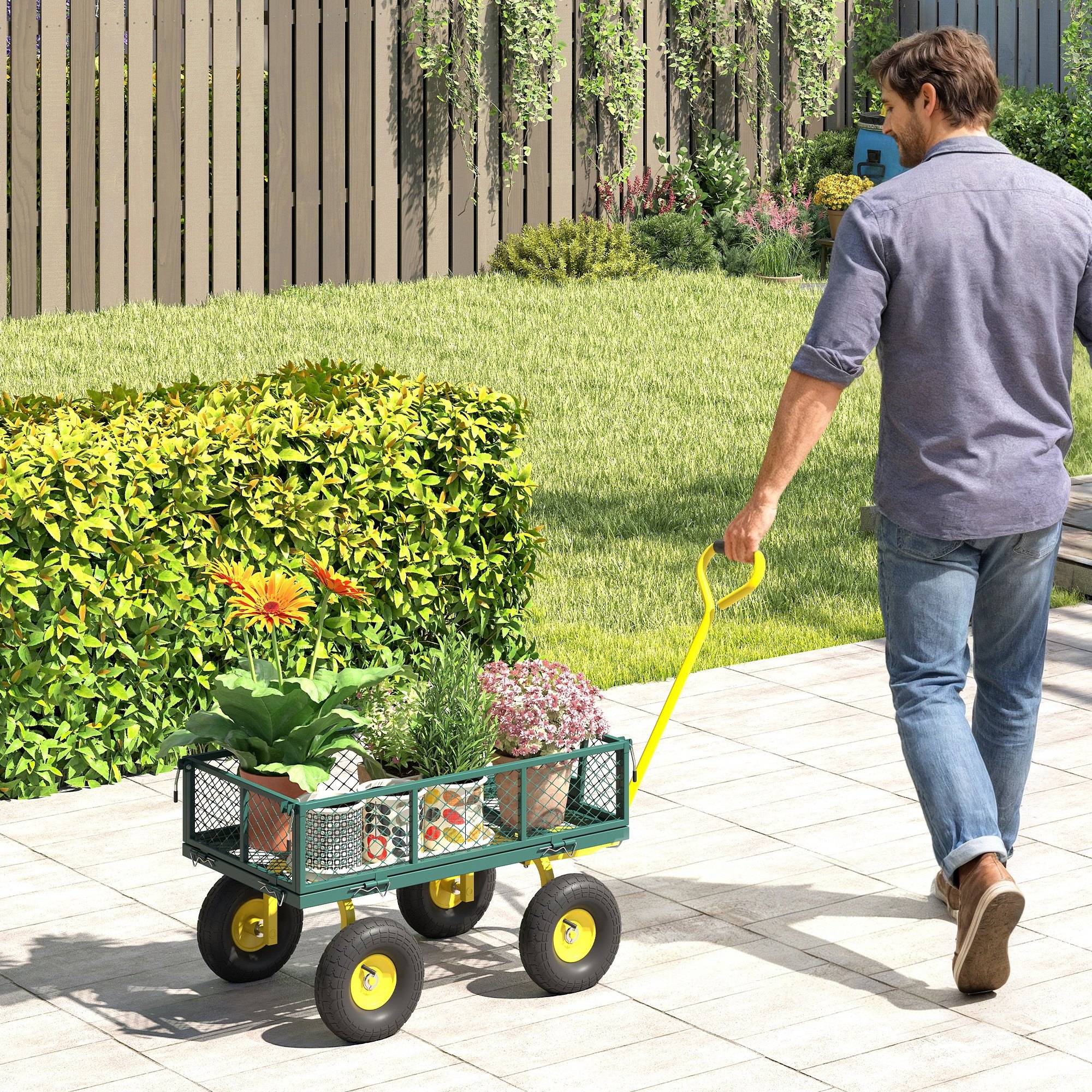 ComfortXL - Chariot de jardin acier vert jaune 104 x 54 x 51 cm charge 200 kg ridelles amovibles - ComfortXL Outdoor Living - Image 4