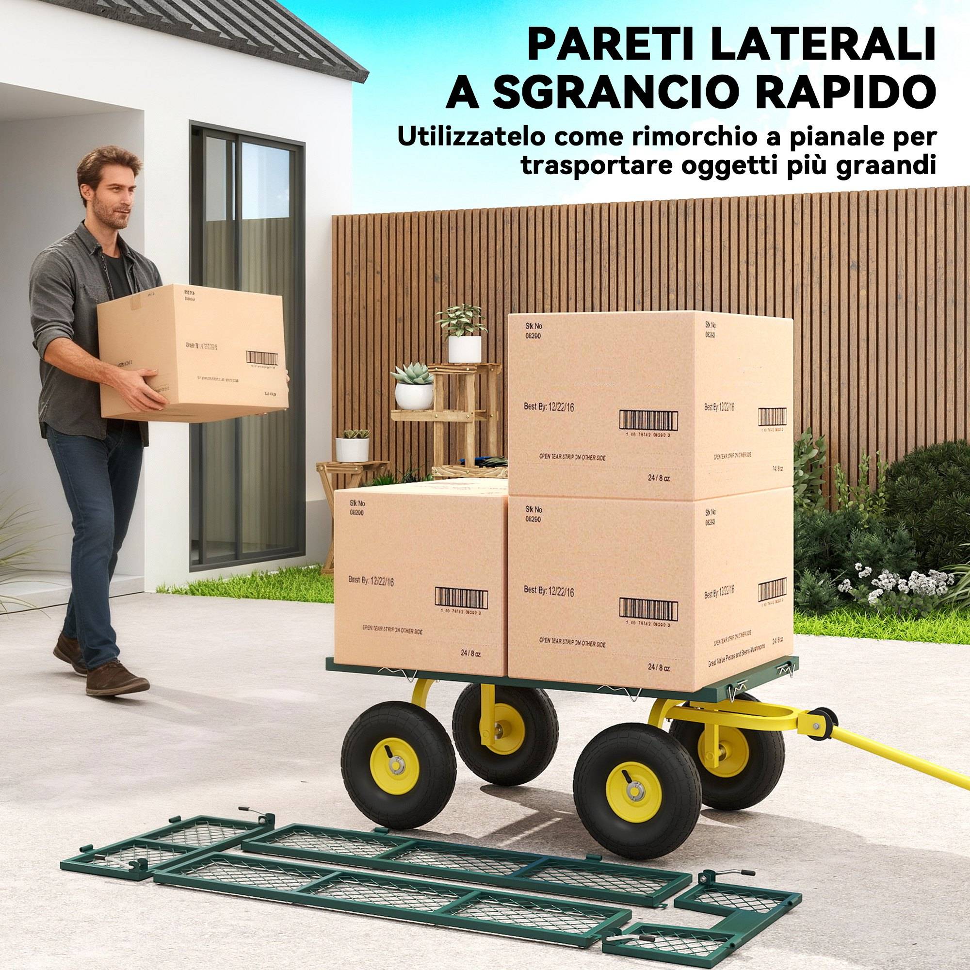 ComfortXL - Chariot de jardin acier vert jaune 104 x 54 x 51 cm charge 200 kg ridelles amovibles - ComfortXL Outdoor Living - Image 7
